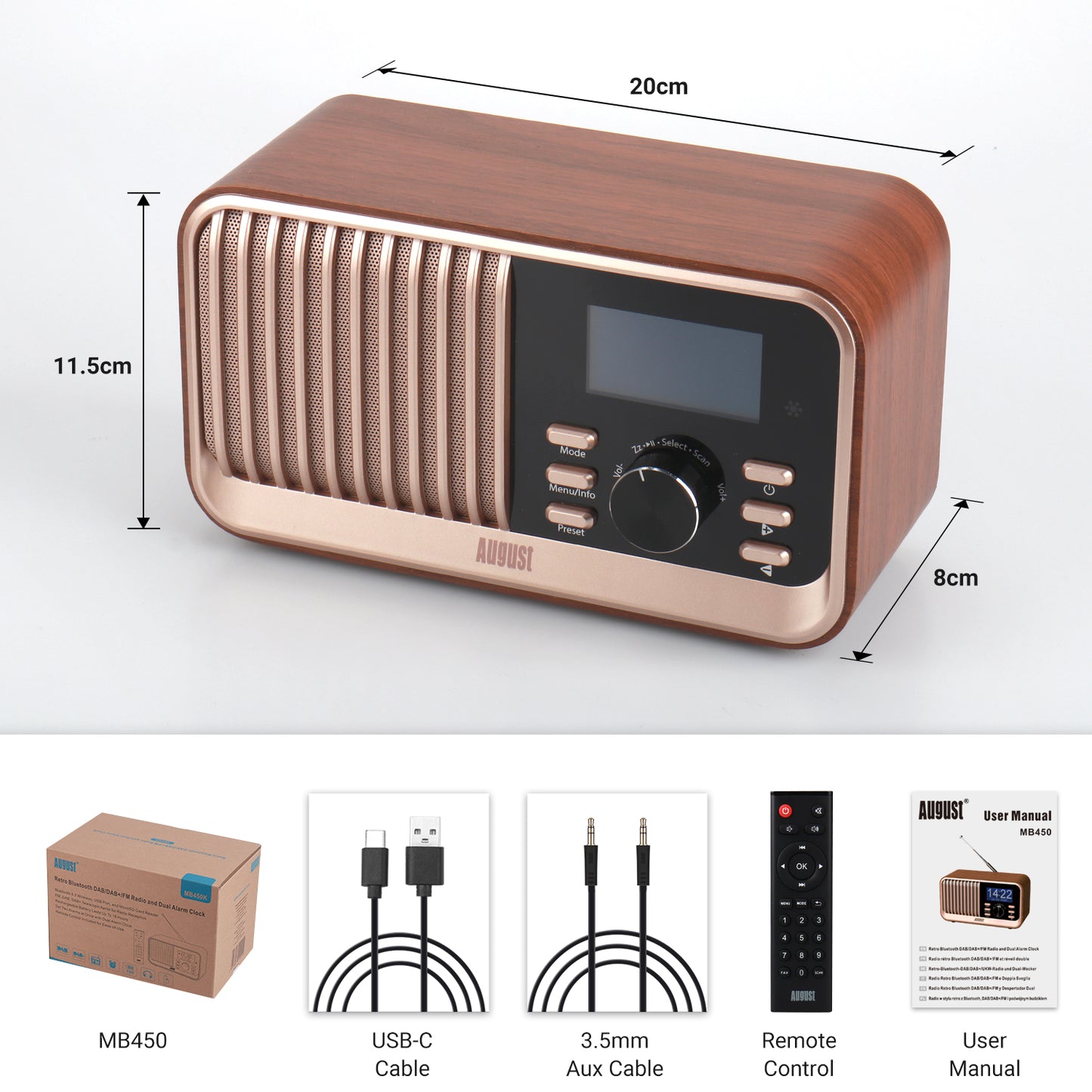 Retro Digital DAB+ FM Alarm Clock Radio, Bluetooth, USB, SD Audio - August MB450K