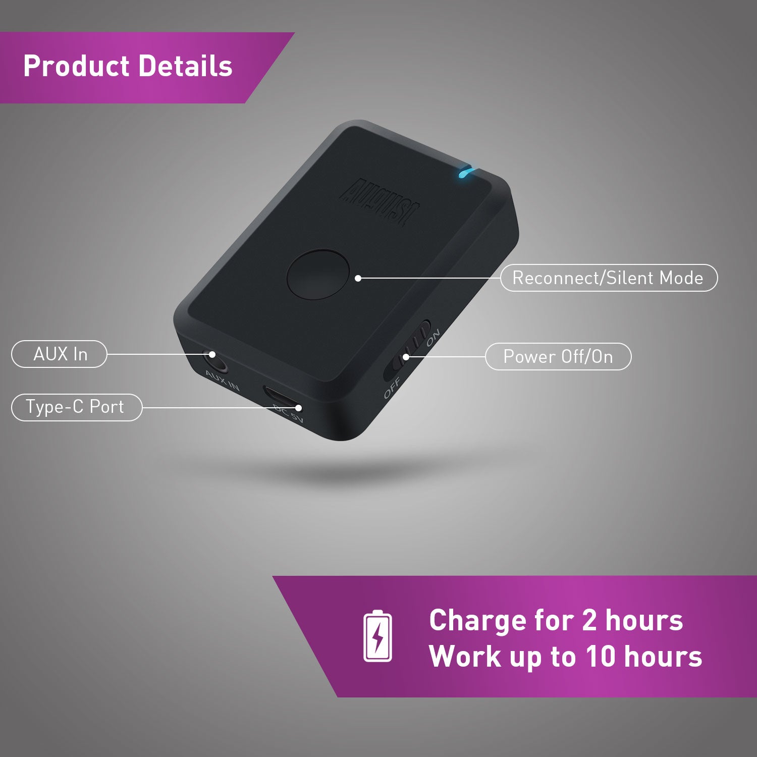 Bluetooth Audio Transmitter Adaptor with AptX-LL AUX - August MR250B