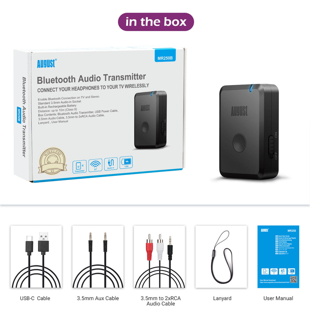 Bluetooth Audio Transmitter Adaptor with AptX-LL AUX - August MR250B