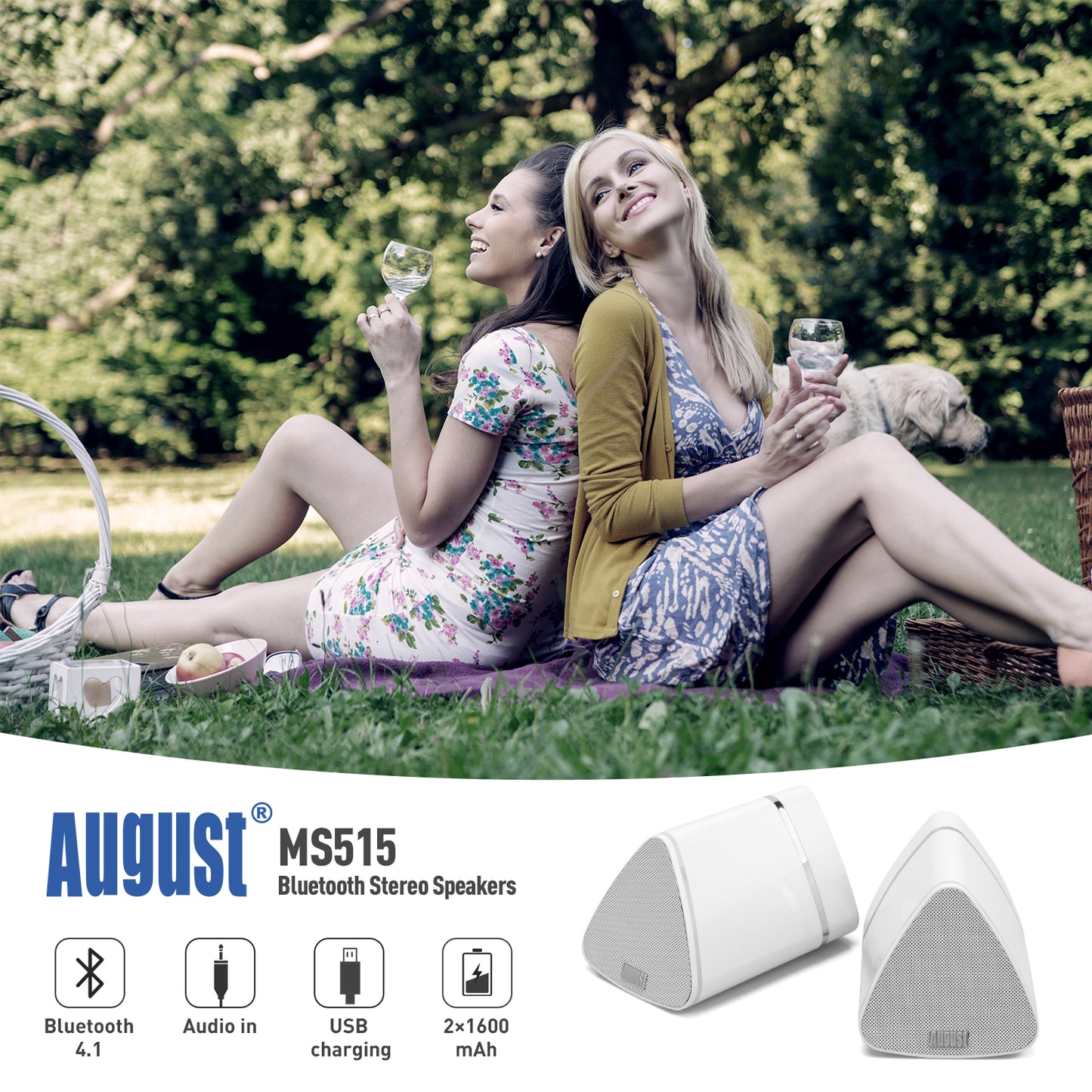 Twin Bluetooth Wireless Portable Speakers Rechargeable Battery - August MS515 [Refurbished]