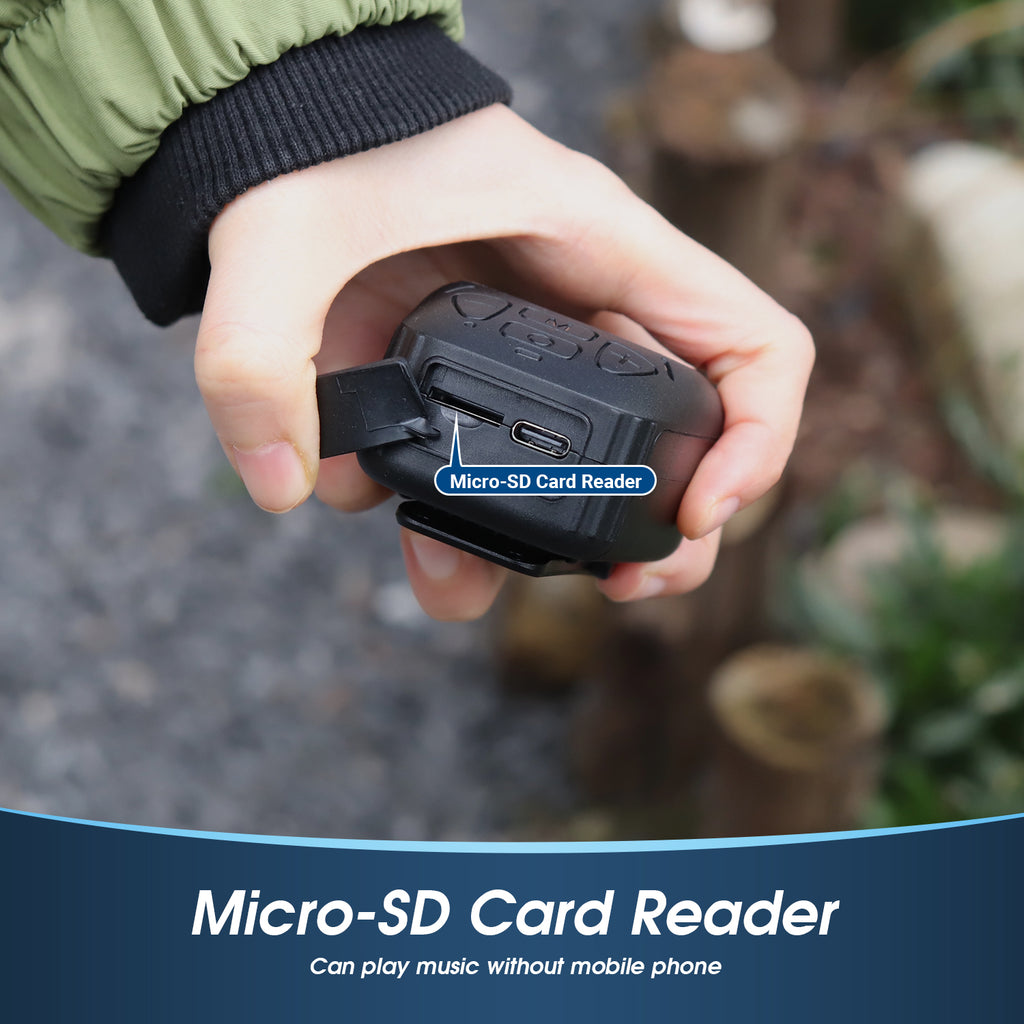 The August MS550 Bluetooth Speaker showcasing the Micro-SD Card Reader and USB-C charging port while being held in a hand.