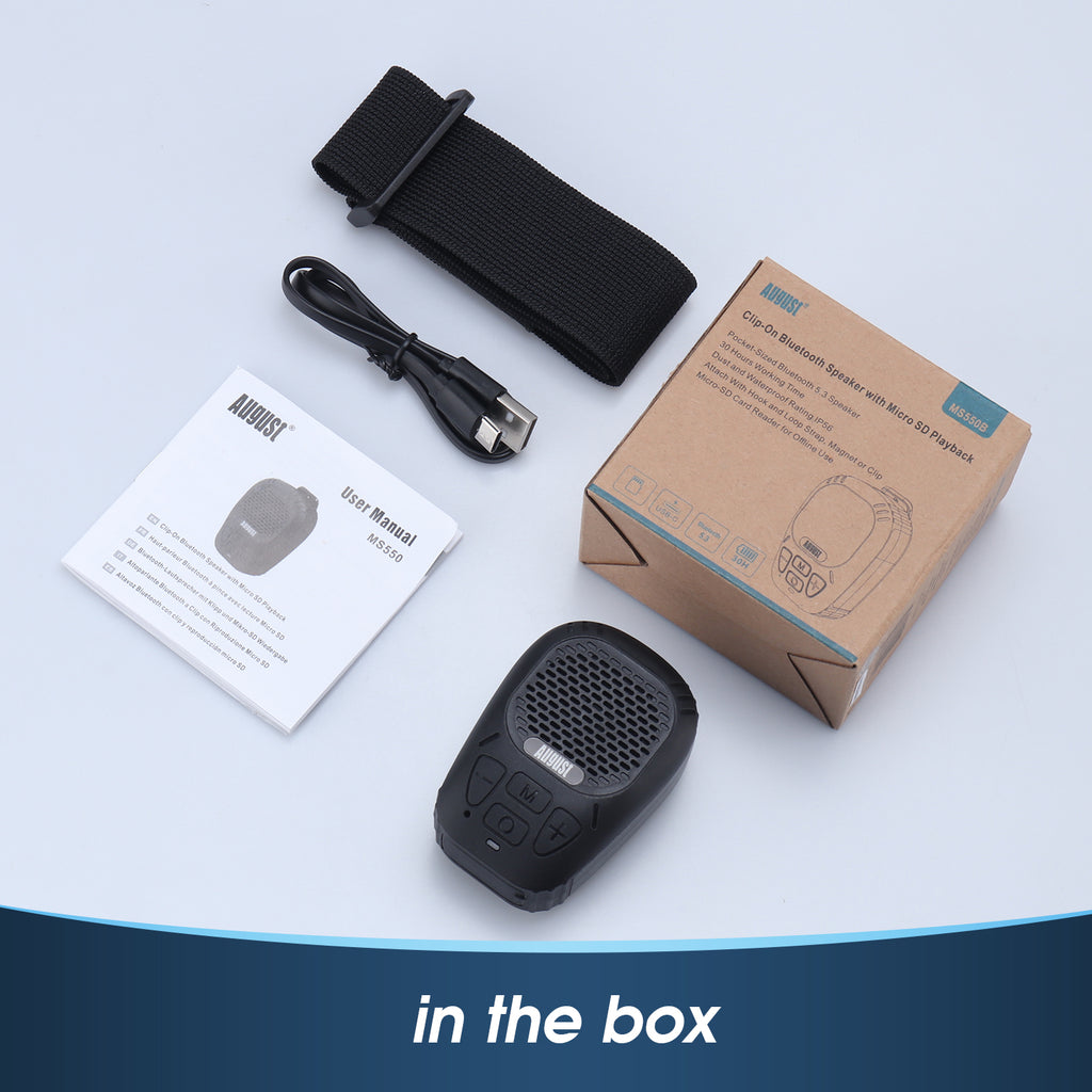 Product Box Contents for August MS550 showing the main Bluetooth Speaker Prodict alongside a USB Charging Cable, Arm-Strap and User Manual.