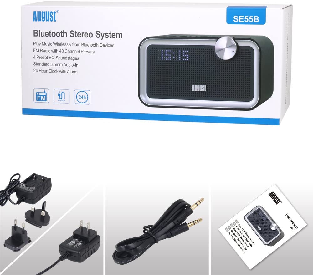 FM Radio Alarm Clock with Bluetooth, EQ Adjustment, Mains Powered - August SE55 [Refurbished]
