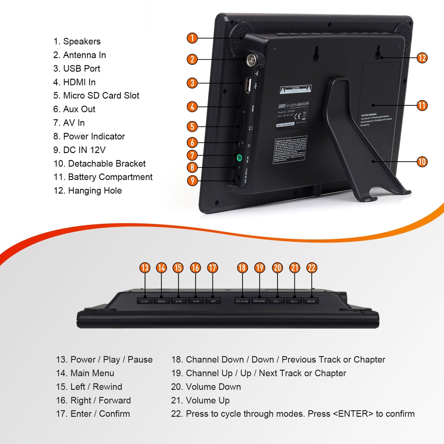 Portable TV 10 Inch Freeview Digital HDMI USB PVR AV-In Multimedia DVB-T2 August DA100D [Refurbished]