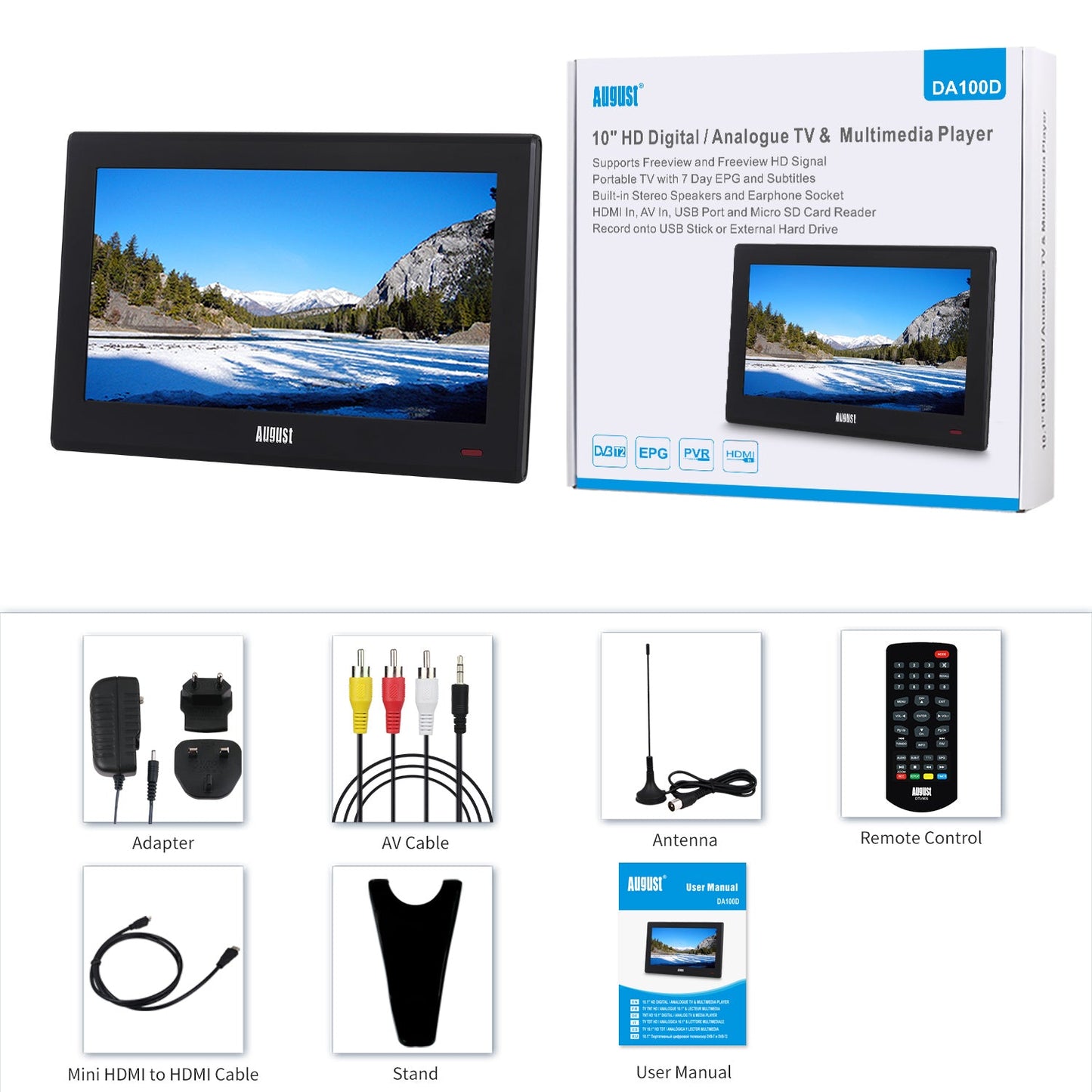 Portable TV 10 Inch Freeview Digital HDMI USB PVR AV-In Multimedia DVB-T2 August DA100D [Refurbished]