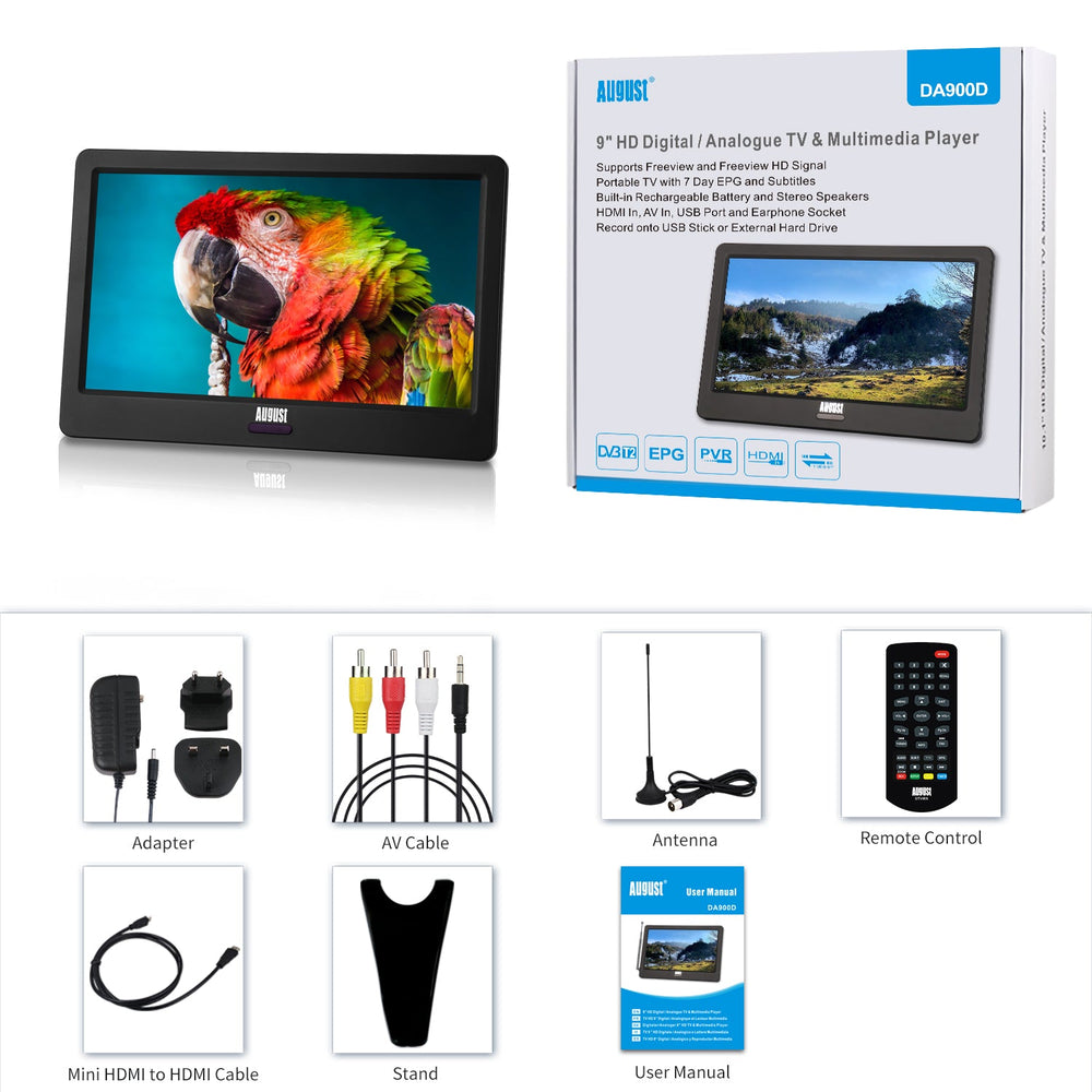 Portable Small TV 9 Inch Freeview HD TV for Campervan Rechargeable Digital USB PVR August DA900D
