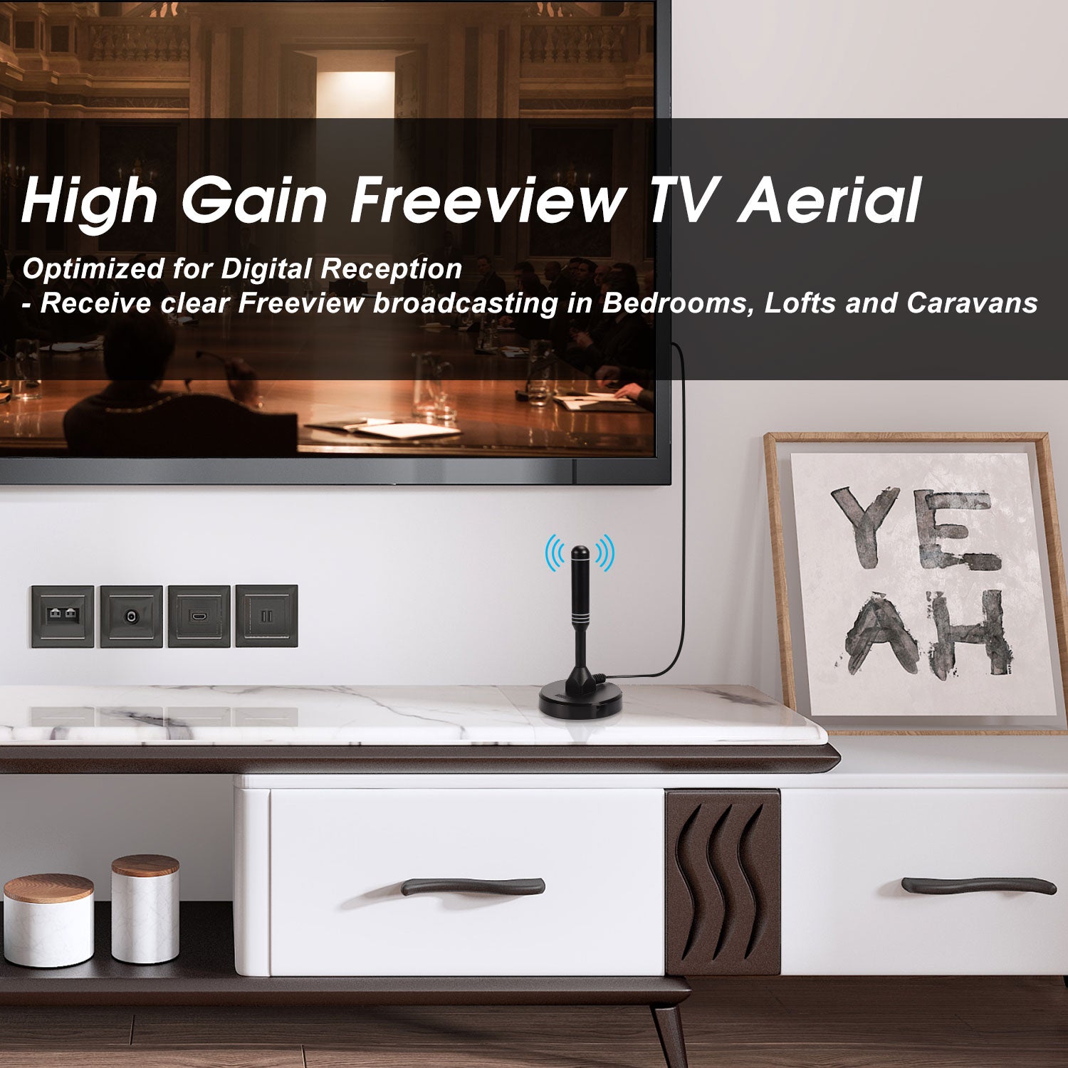 High Gain Portable Freeview TV Aerial DAB FM Antenna with Magnetic Base for Camping, Caravan, Homes - August DTA240