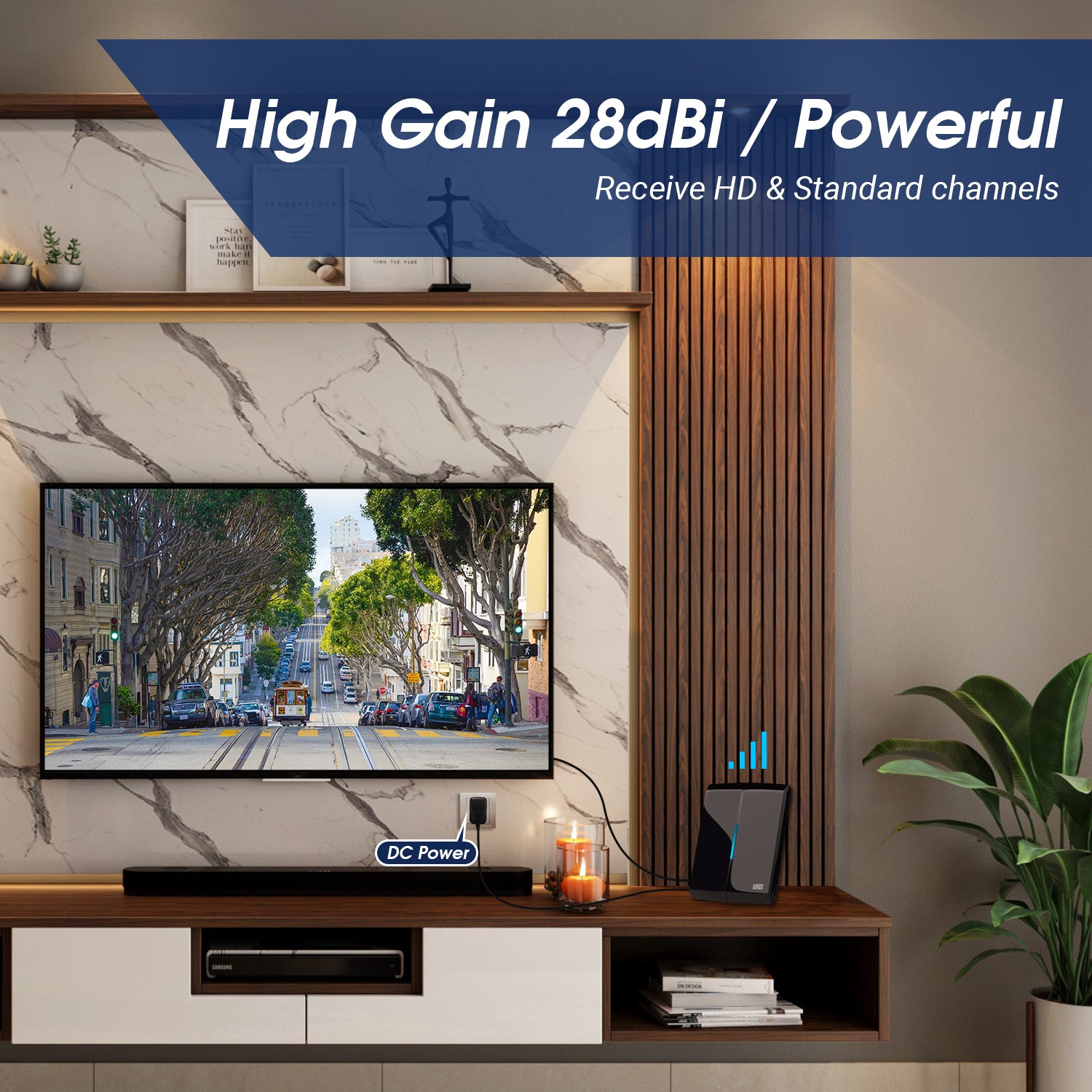 High Gain Amplified Indoor TV Aerial Lightweight Directional Flat Antenna - August DTA300