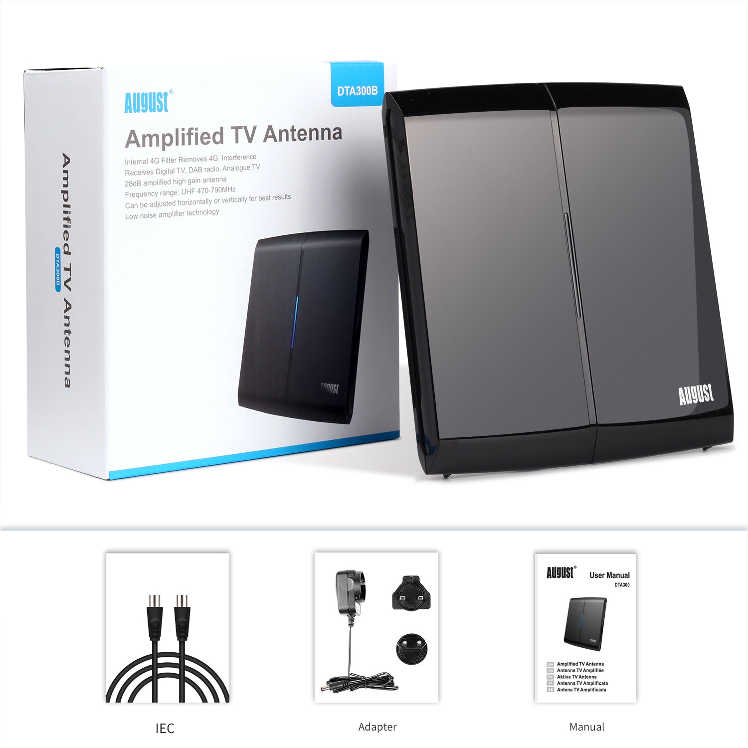 High Gain Amplified Indoor TV Aerial Lightweight Directional Flat Antenna - August DTA300