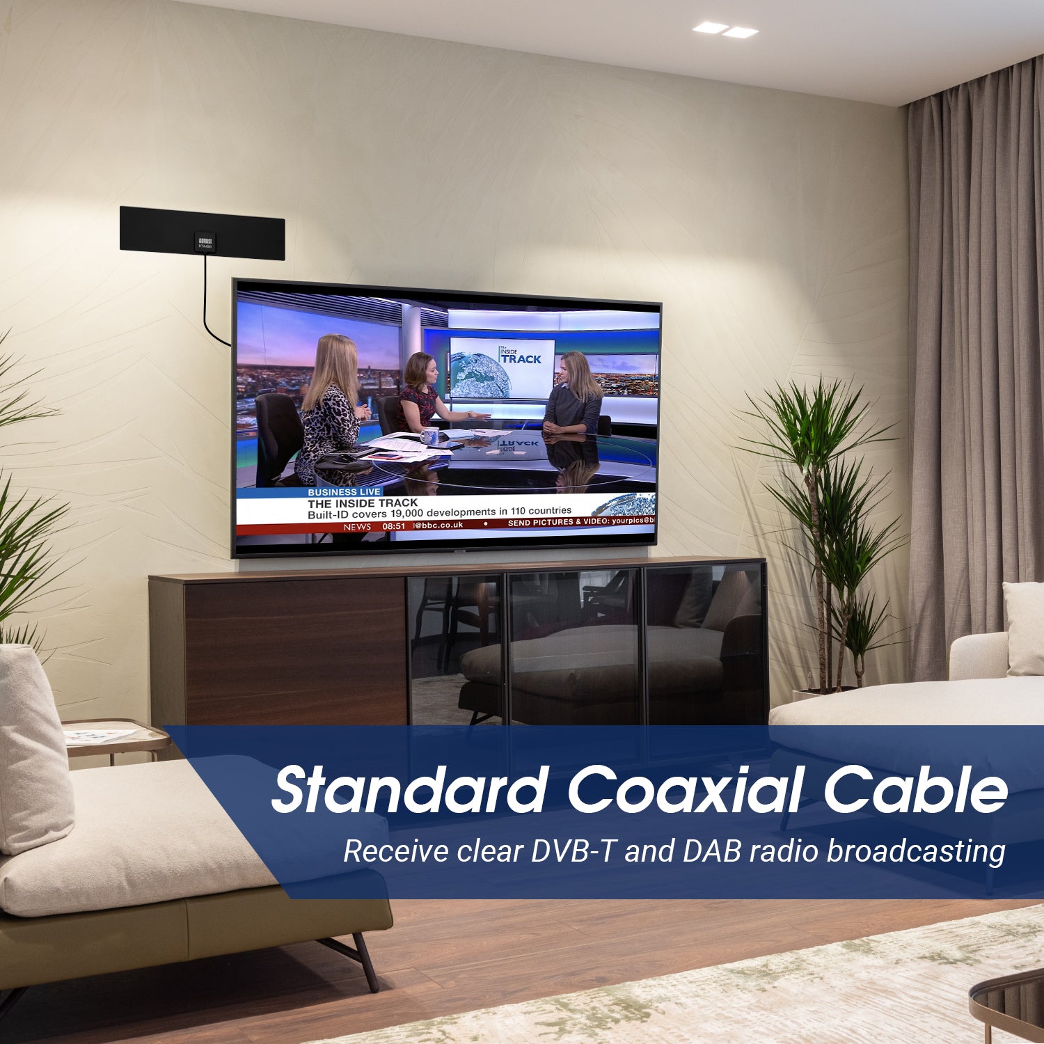 August DTA420 Flat Design Freeview Digital High Gain Indoor Antenna - Window or Wall Mount with 5dBi Reception