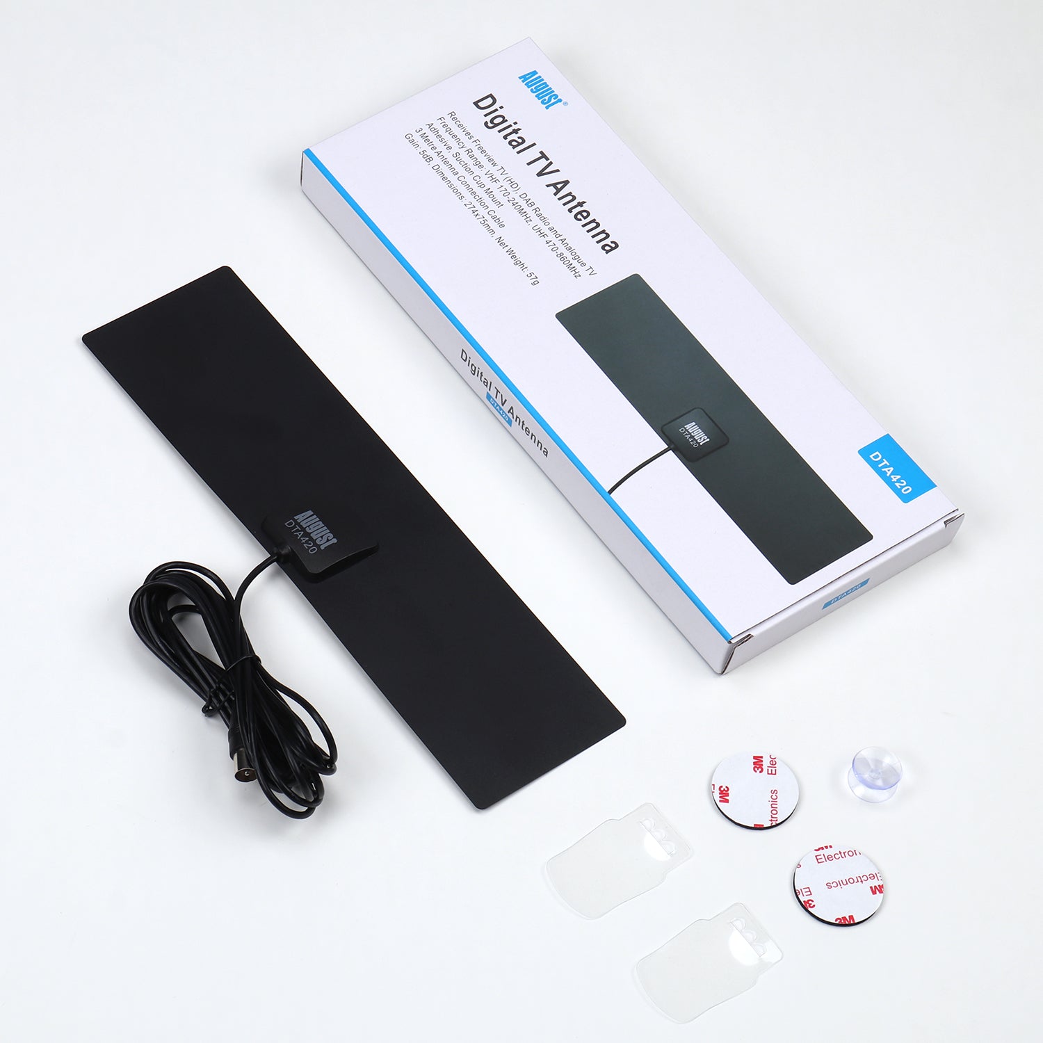 August DTA420 Flat Design Freeview Digital High Gain Indoor Antenna - Window or Wall Mount with 5dBi Reception