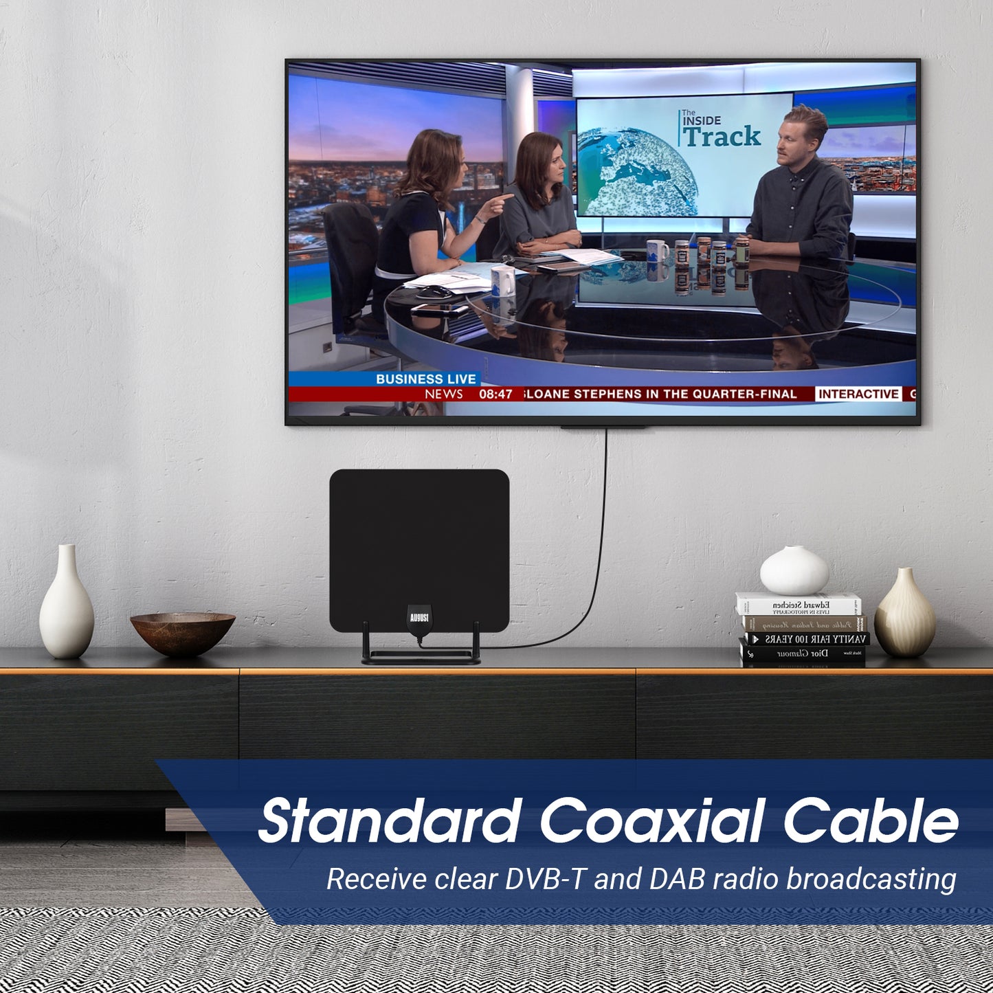 High Gain Indoor TV HD Aerial Flat Design Antenna with Stand - August DTA450
