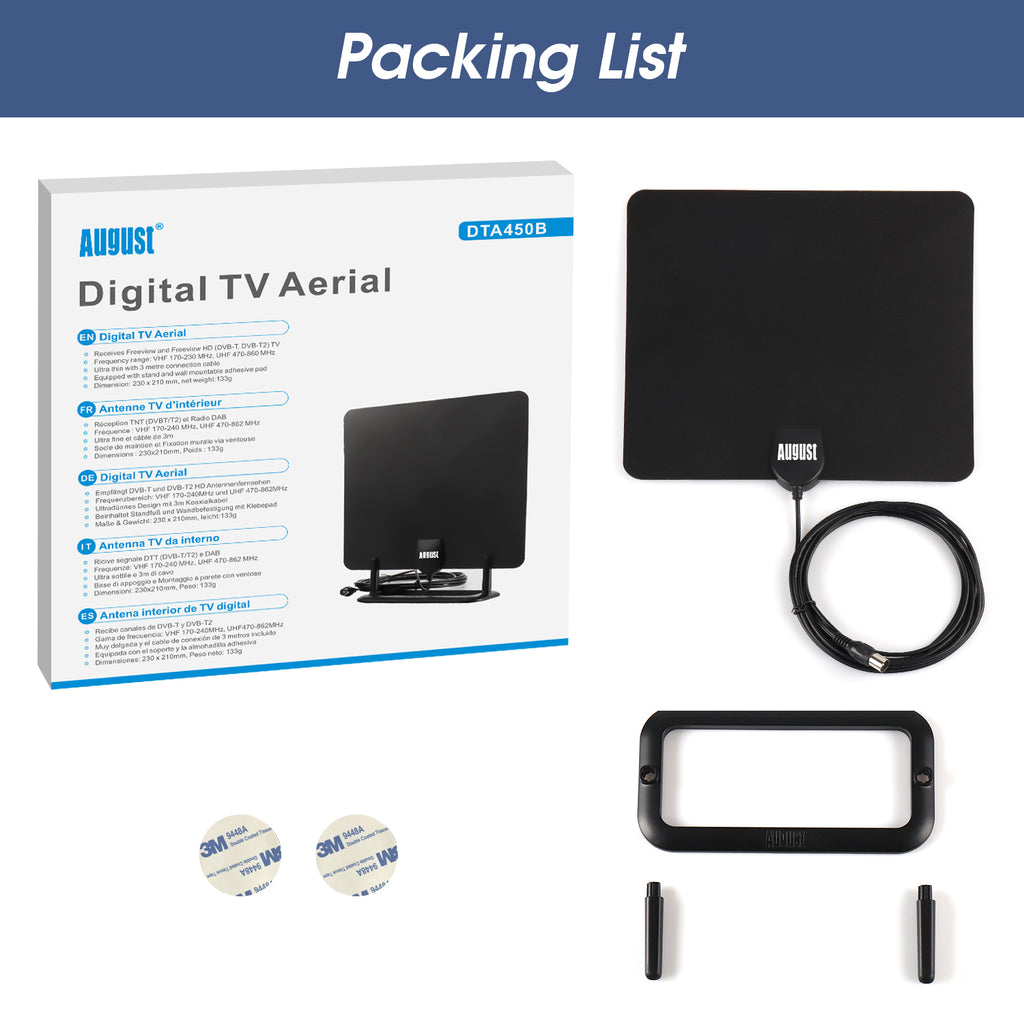 High Gain Indoor TV HD Aerial Flat Design Antenna with Stand - August DTA450