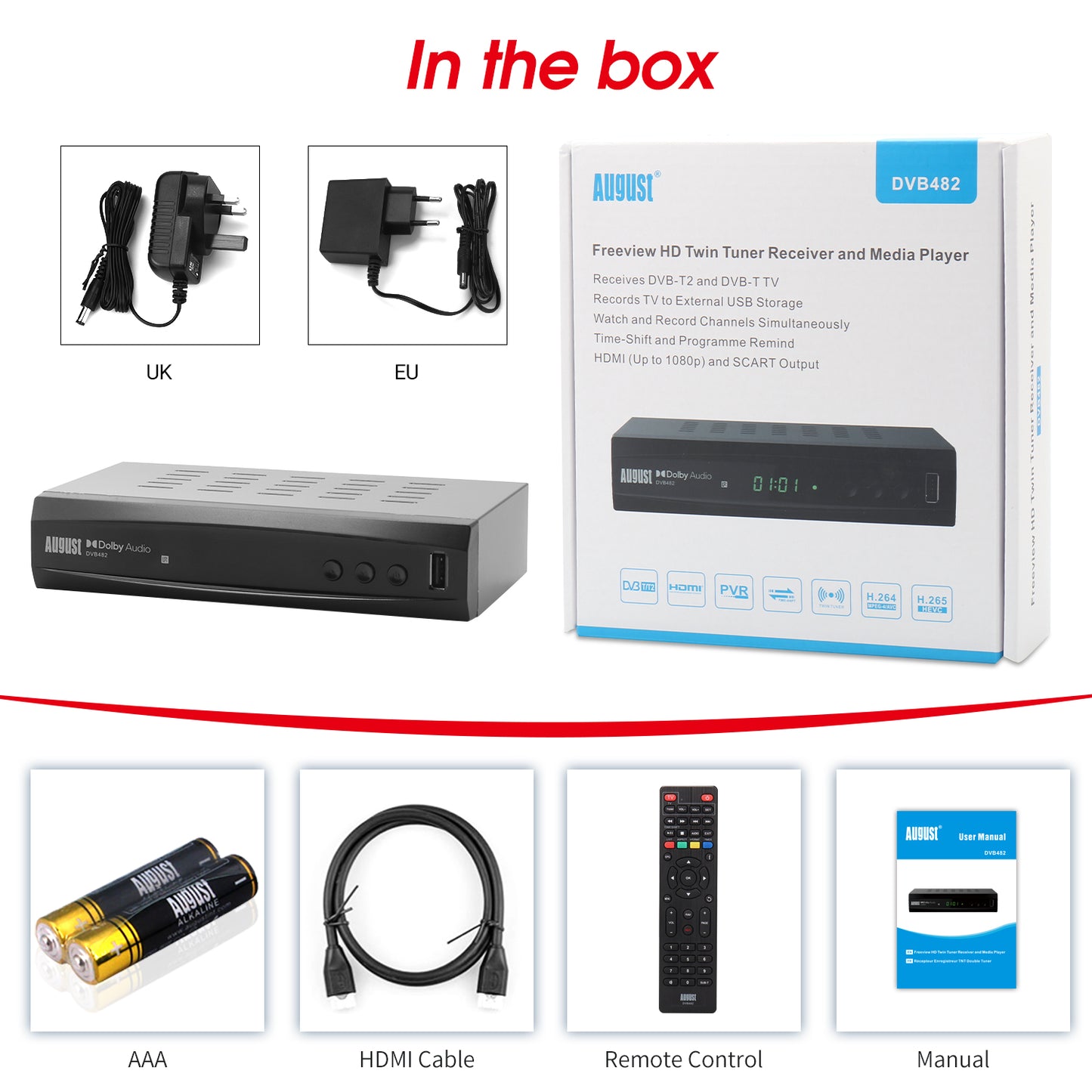 Freeview Set-Top Box HD Dual Tuner USB PVR Recorder HDMI Media Player - August DVB482