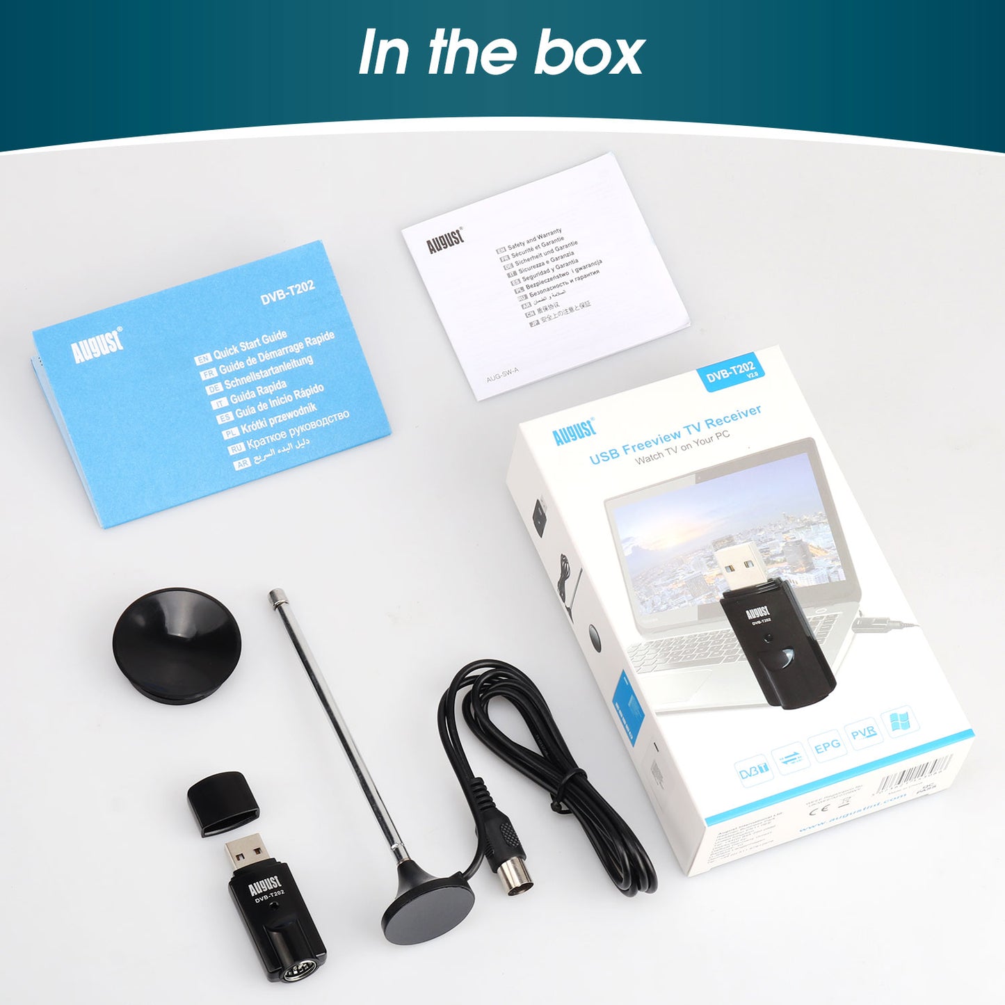 Digital USB DVB-T PC TV Tuner Receiver Timeshift Windows 10 11 - August DVB-T202 [Refurbished]