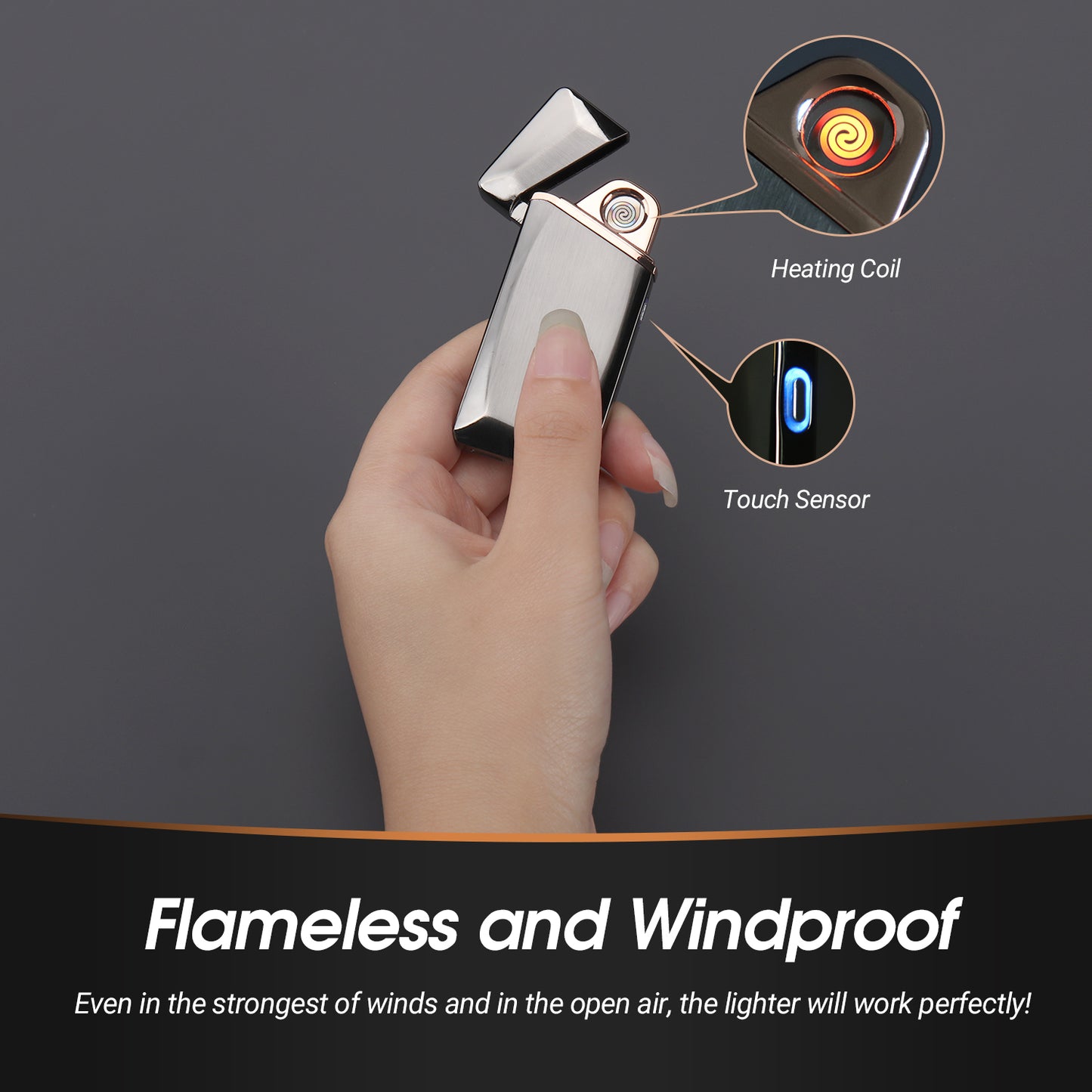 USB Rechargeable Lighter Windproof Flameless Electronic Coil Touch Control EC225