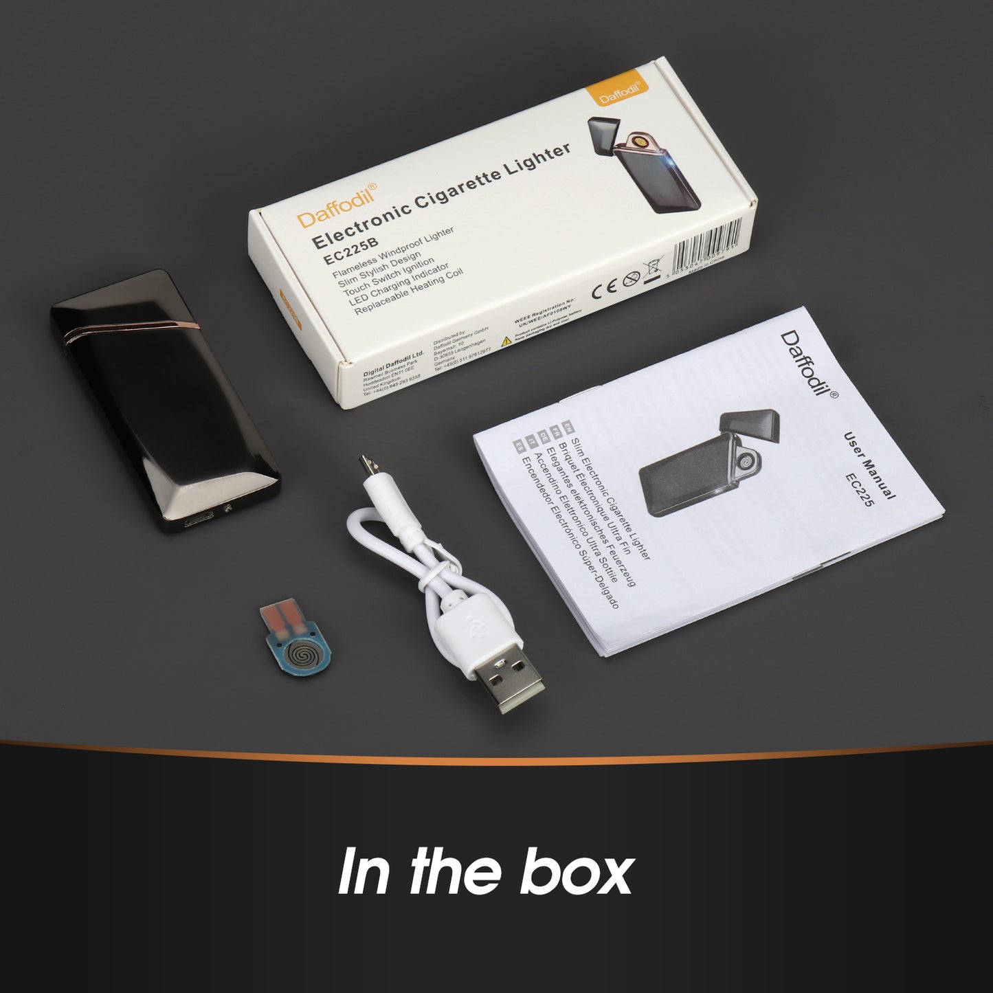 USB Rechargeable Lighter Windproof Flameless Electronic Coil Touch Control EC225