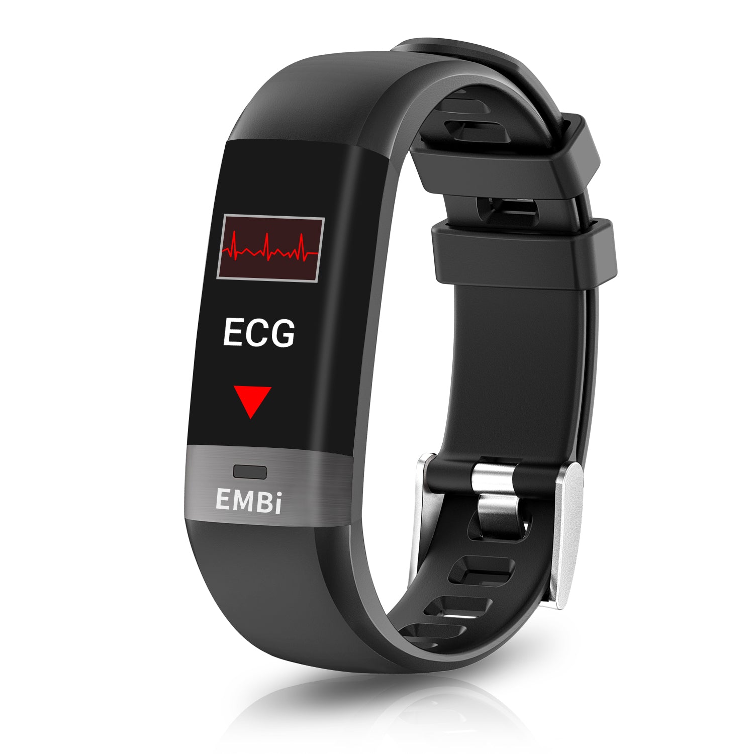 The EMBi health wristband displays ECG and a graph reading of a heartbeat