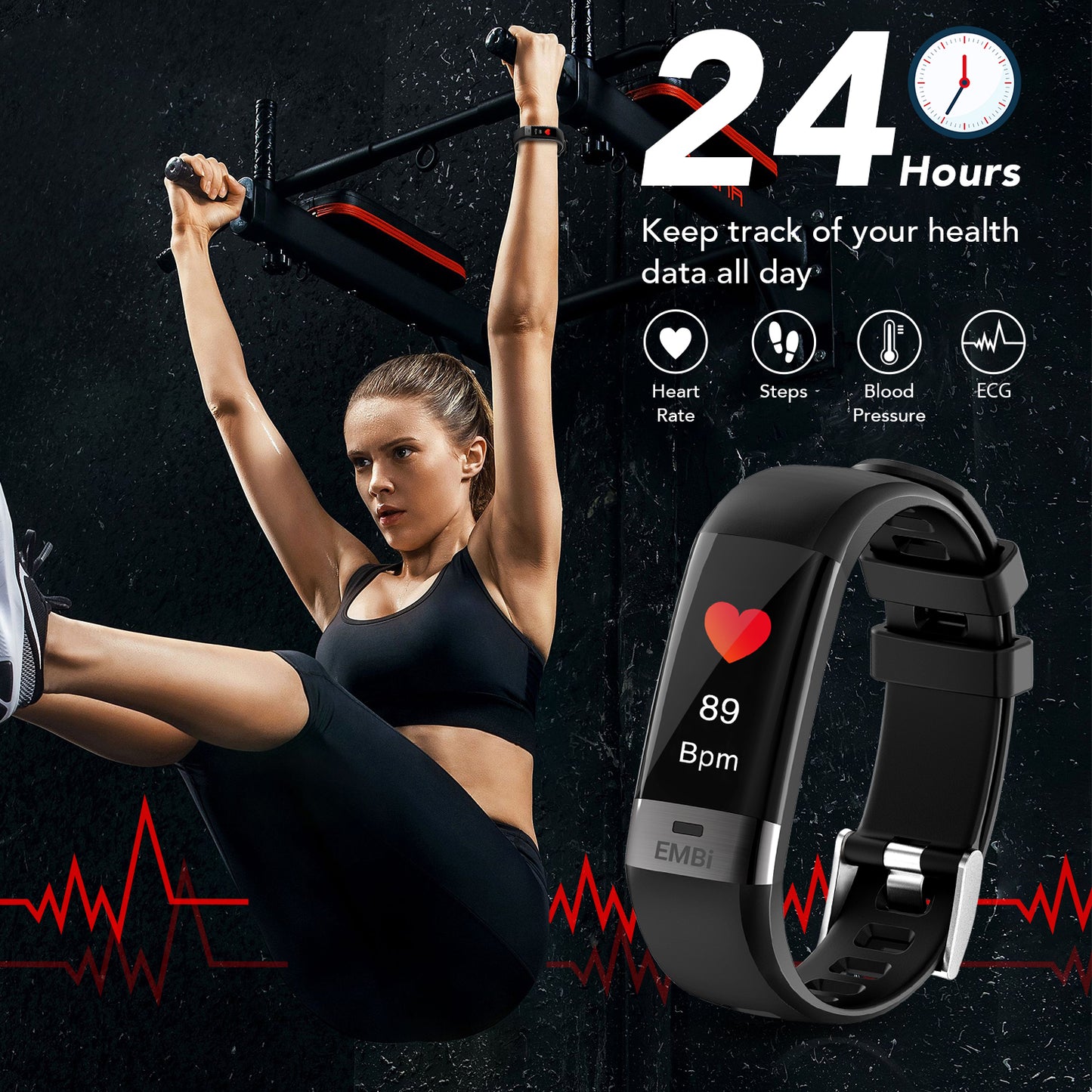 A woman uses the EMBi as she performs pull-ups. The EMBi is displaying a heart rate in Bpm. The data is shown to be tracked 24 hours a day and symbols for Heart Rate, Steps, Blood Pressure and ECG are shown