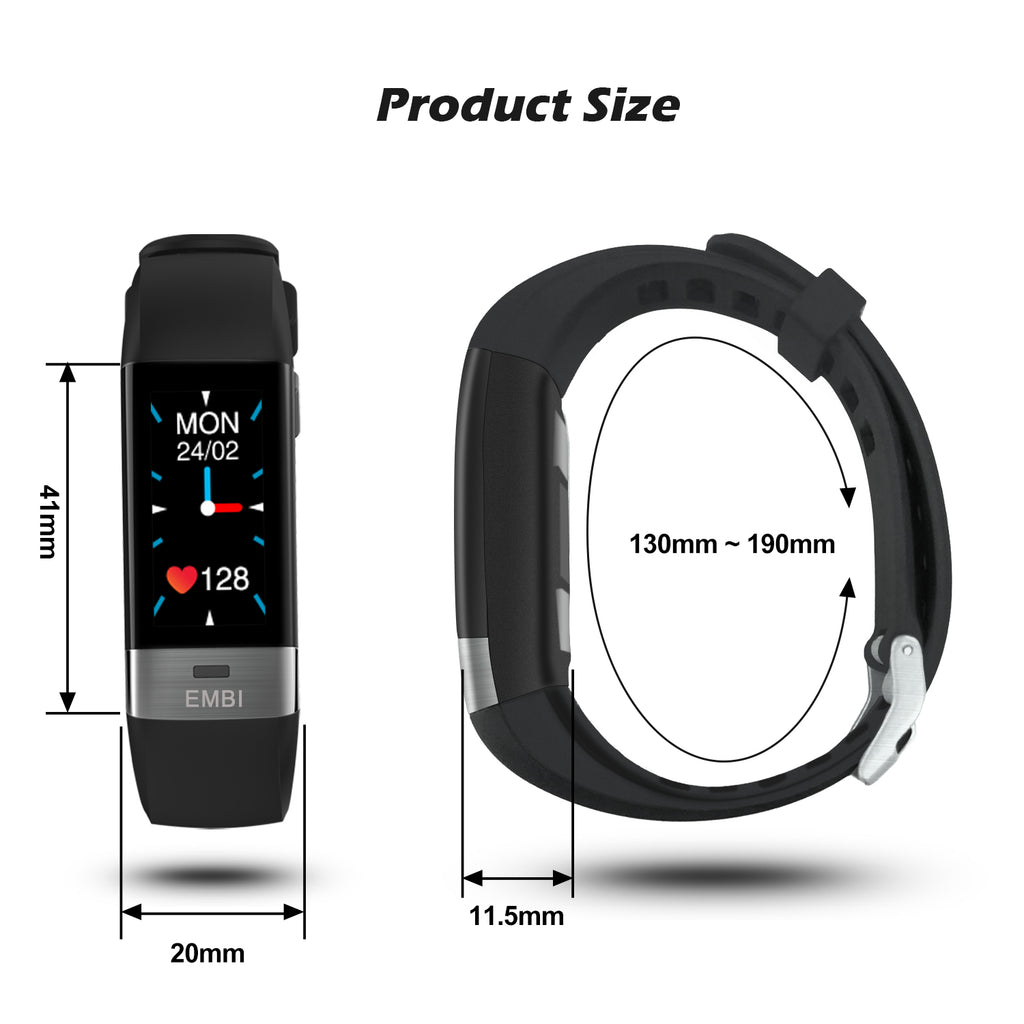 The EMBi is shown from different angles with measurements. The maximum circumference is 190 Millimetres. The minimum circumference is 130 Millimetres. The Strap width is 20 Millimetres. The screen is 41 Millimetres long.