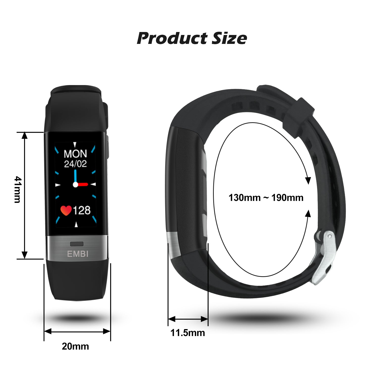 The EMBi is shown from different angles with measurements. The maximum circumference is 190 Millimetres. The minimum circumference is 130 Millimetres. The Strap width is 20 Millimetres. The screen is 41 Millimetres long.