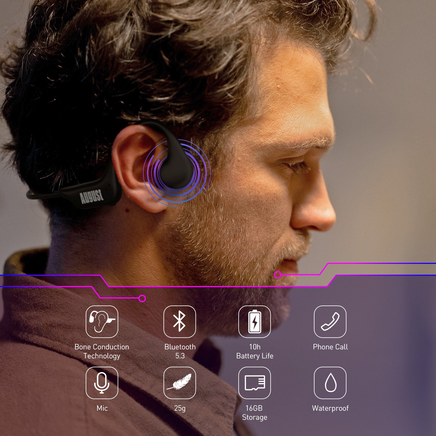 Bone Conduction Bluetooth Headphones 16GB MP3 Music Player IP67 - August EP400