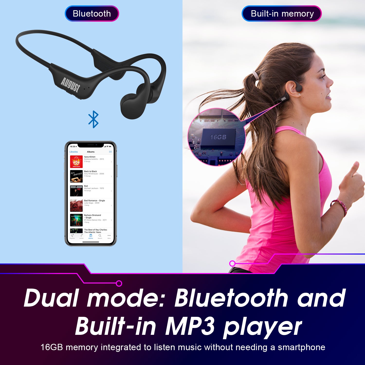 Bone Conduction Bluetooth Headphones 16GB MP3 Music Player IP67 - August EP400