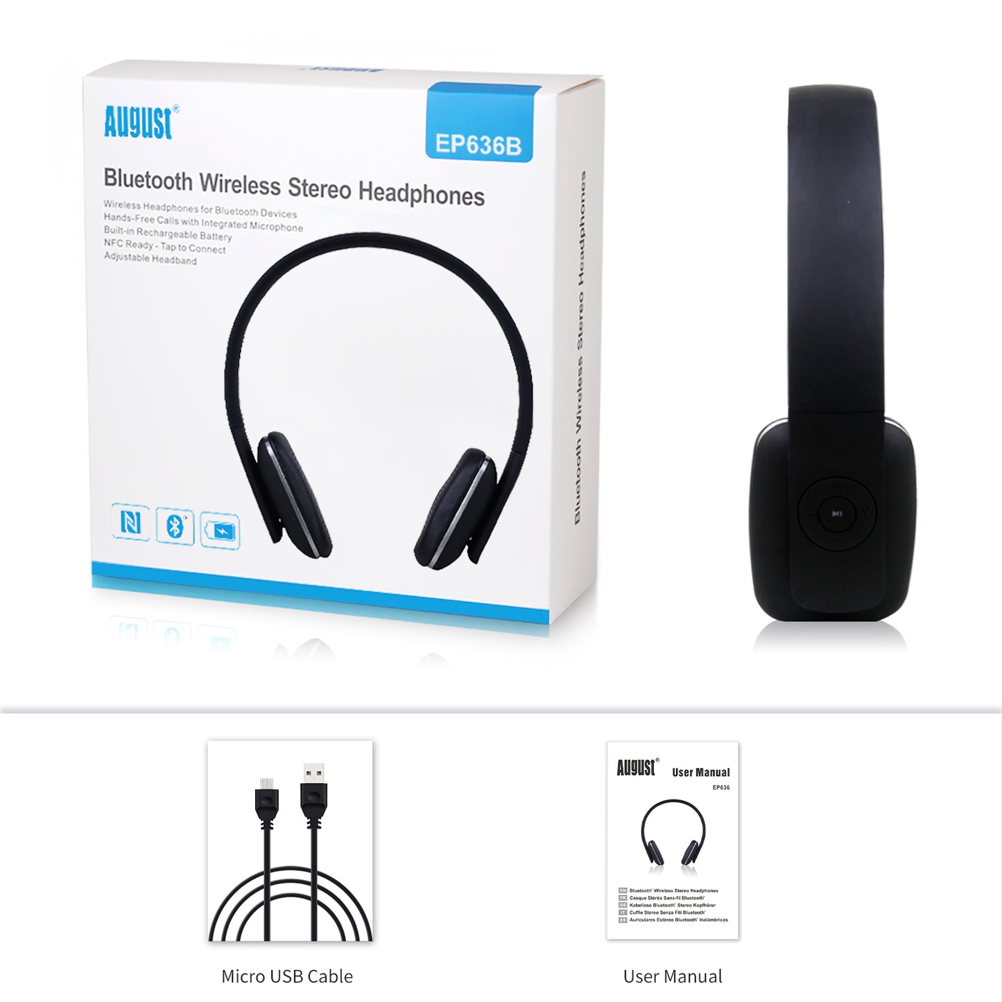 Bluetooth Wireless Headphones NFC On-Ear Rechargeable Ultra Lightweight - August EP636 [Refurbished]