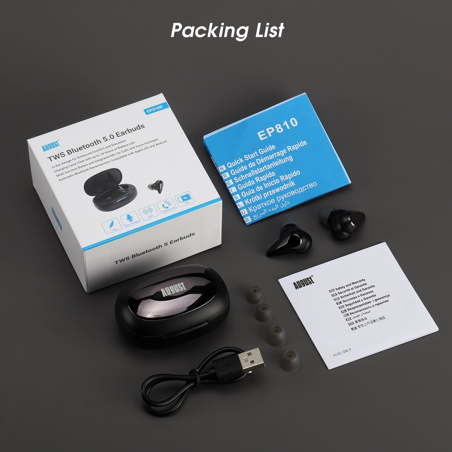 TWS Bluetooth 5 Earbuds and Charging Case Microphone Volume Touch Control EP810 [Refurbished]