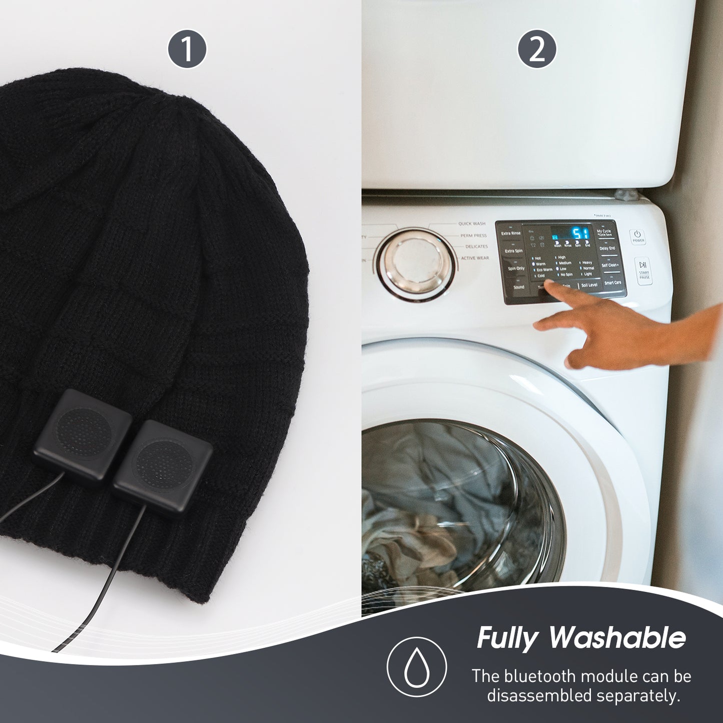 The speaker units are removed from inside the hat and the hat is put in a washing machine