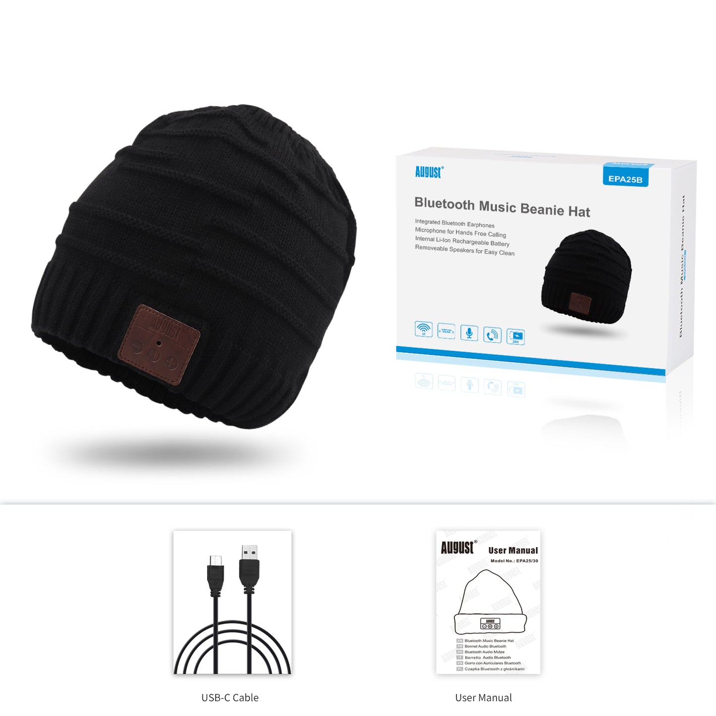The beanie box is shown to have USB-C Cable and User Manual, and hat