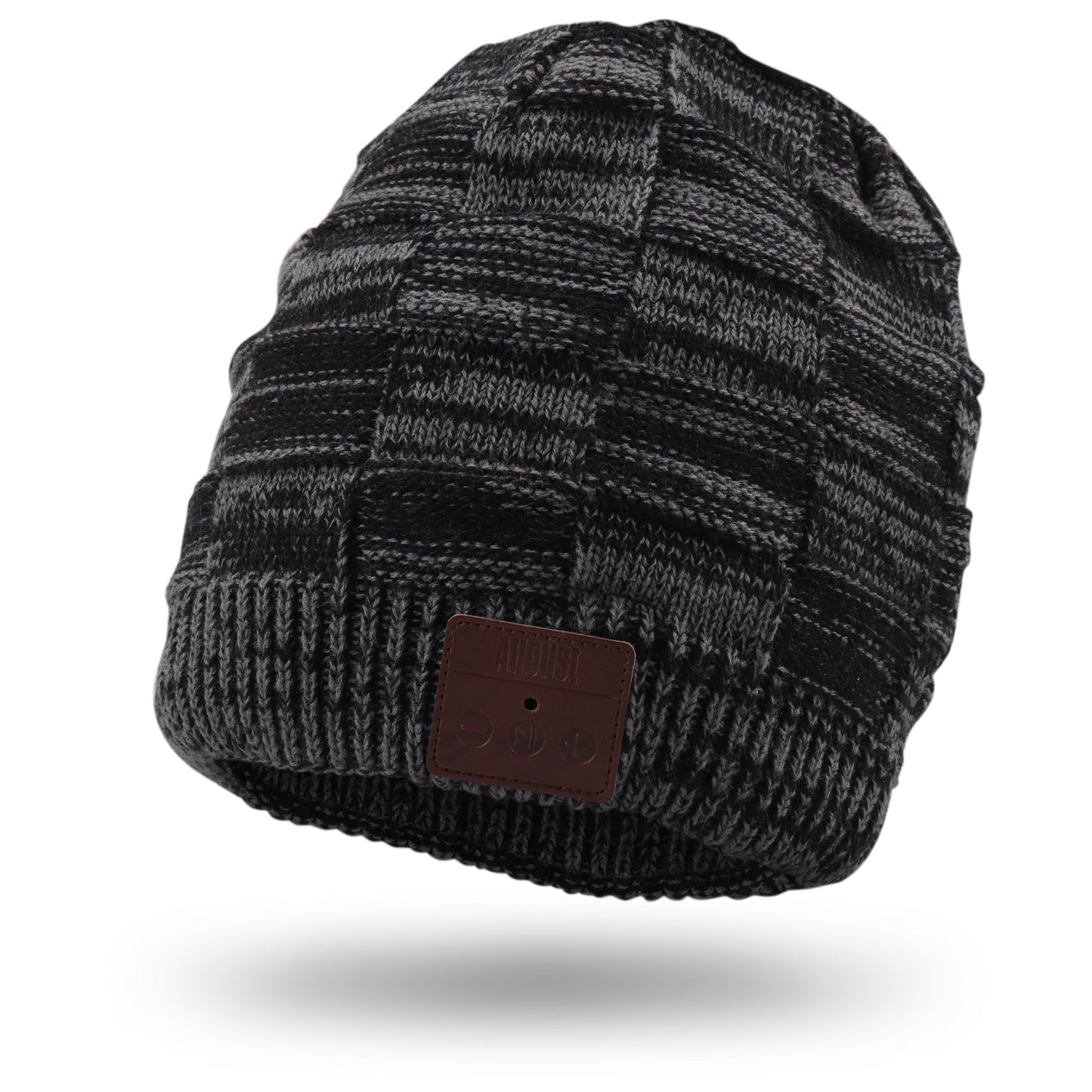 Grey and Black Mottled Wool with Faux Leather Button Pad showing Minus, Plus, and Pause