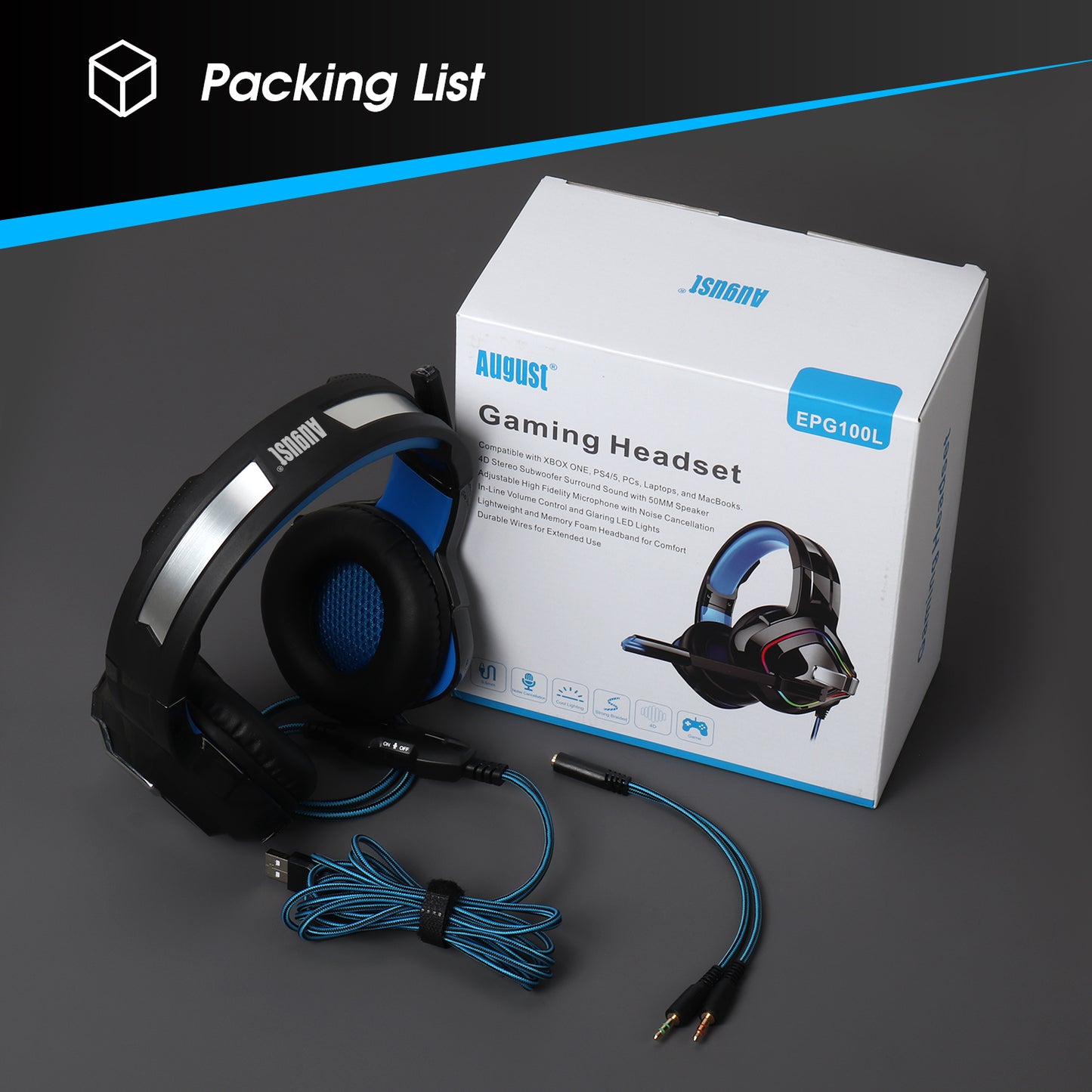 Wired PC Gaming Headset RGB PS4/5 XBOX Nintendo Switch 3.5mm Mic USB - August EPG100 [Refurbished]