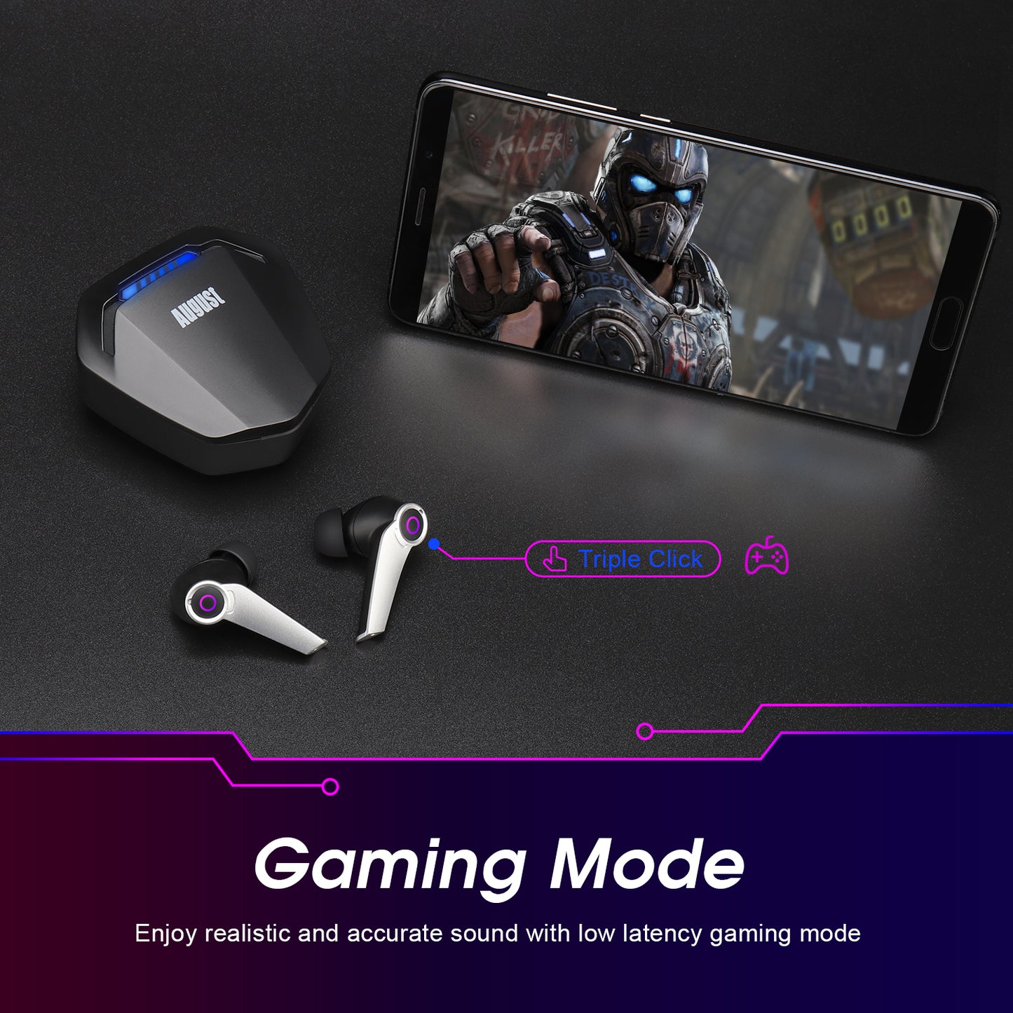 Bluetooth Gaming Earphones Dual Microphone USB-C Charging Case - August EPG500