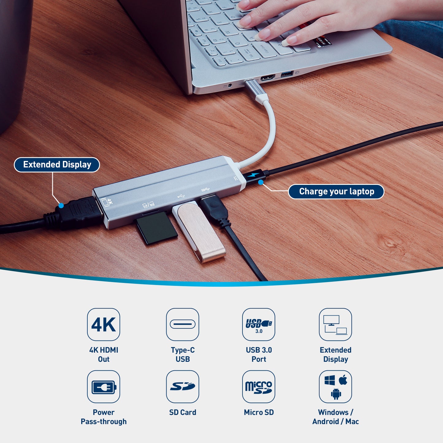 USB-C to HDMI Adapter with Micro SD Card Reader, Power Delivery, USB 3.0 - 7 Ports - HUB05