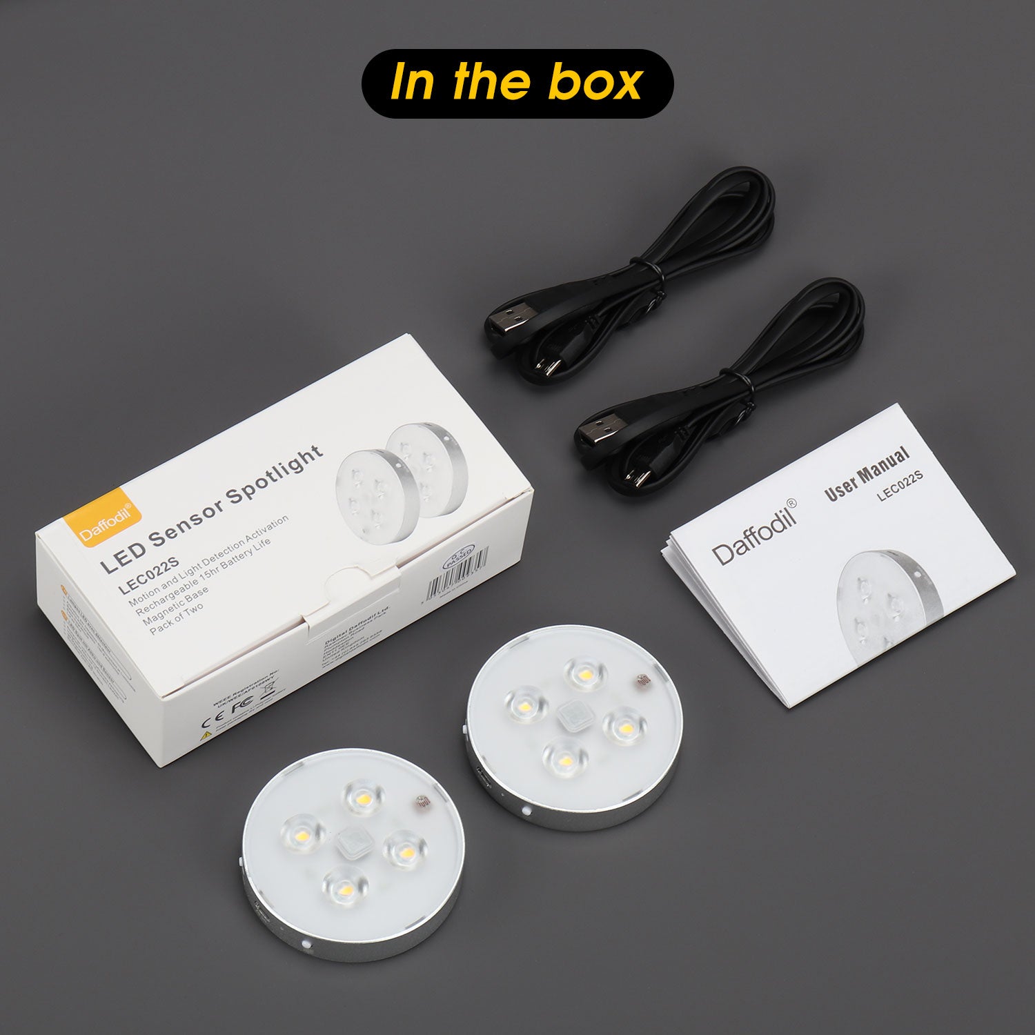 Twin-Pack Magnetic LED Motion Sensor Lights, Warm White Rechargeable - Daffodil LEC022
