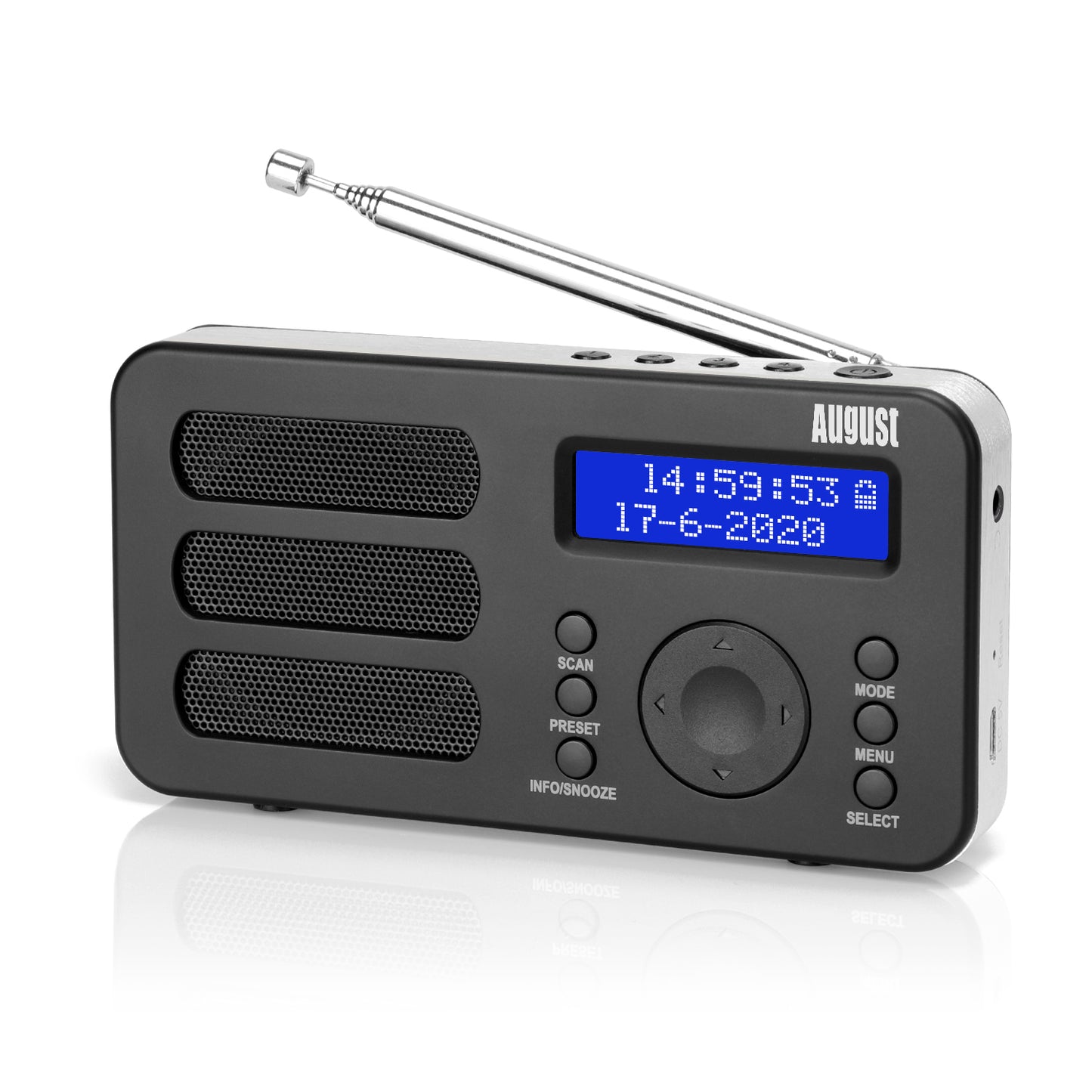 Portable DAB+ FM Radio Alarm Clock RDS AUX Rechargeable Battery - August MB225