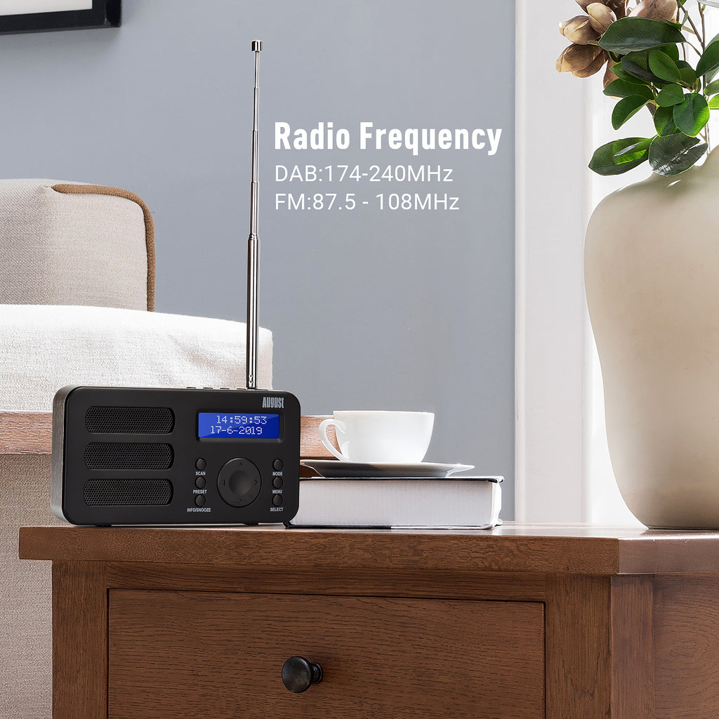 August MB225 Radio in Black with Frequency bands of 174-240 MHz for DAB and 87.5 - 108MHz for FM