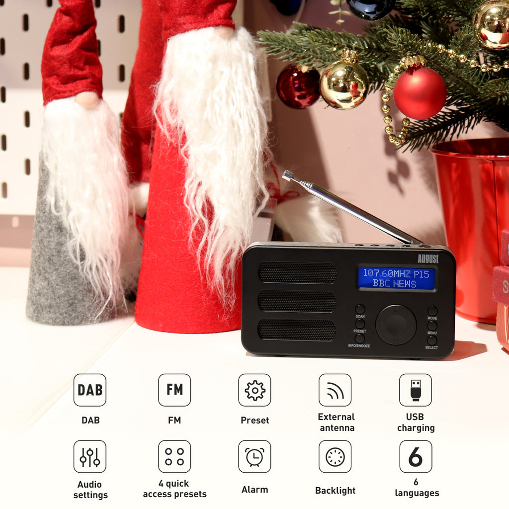 August MB225 In Black showing product information badges such as DAB, FM, Presets, External Antenna, USB Charging, Audio Settings, 4 Quick Access Presets, Alarm, Backlighting  and 6 Languages available.
