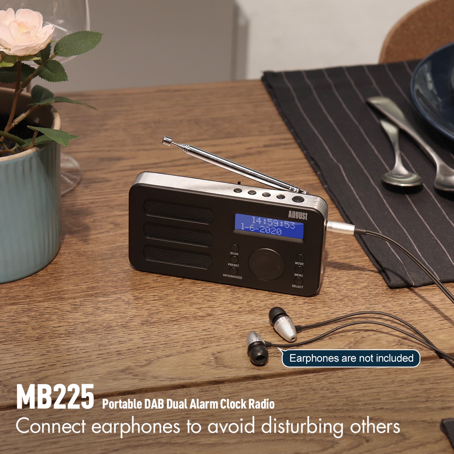 Portable DAB+ FM Radio Alarm Clock RDS AUX Rechargeable Battery - August MB225