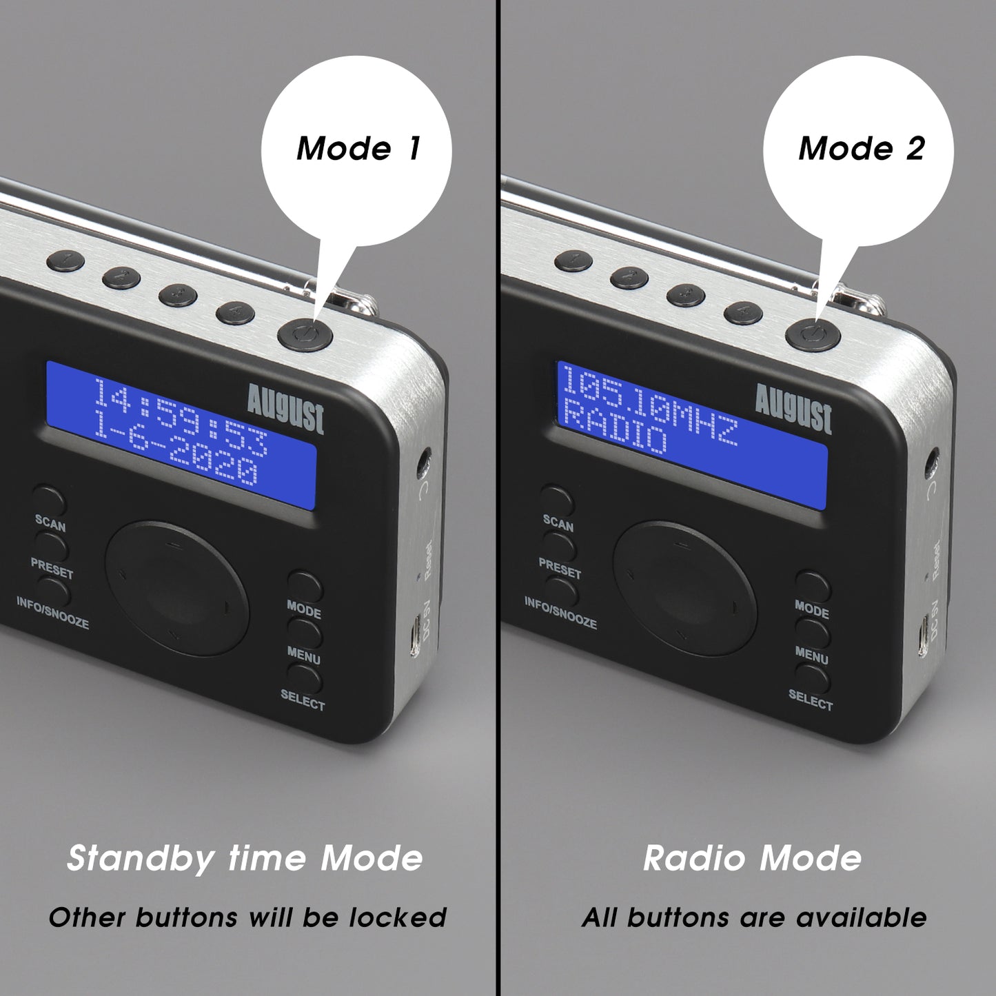 Portable DAB+ FM Radio Alarm Clock RDS AUX Rechargeable Battery - August MB225