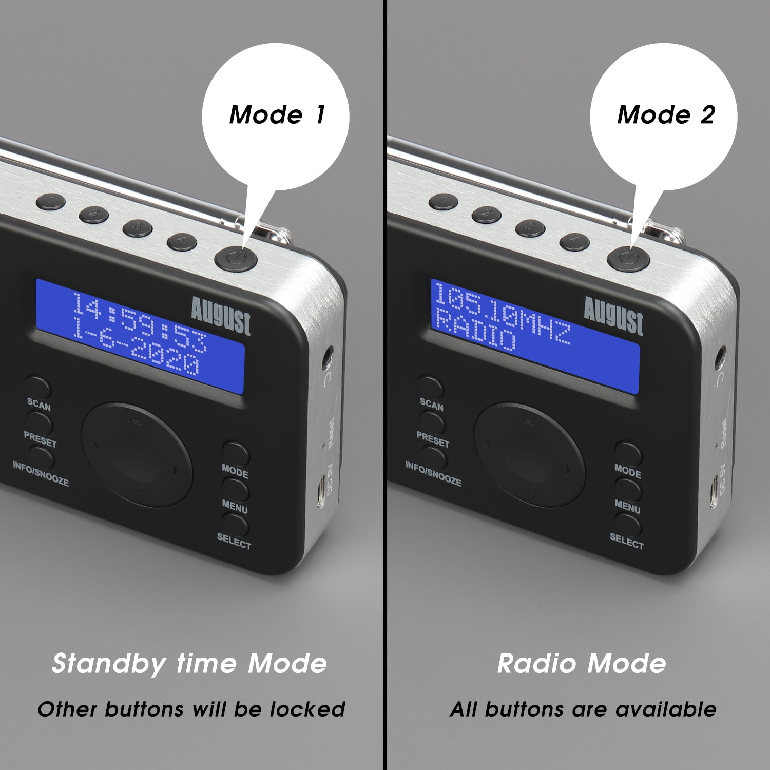 Portable DAB/DAB+ Radio with Alarm Clock, Rechargeable - August MB225