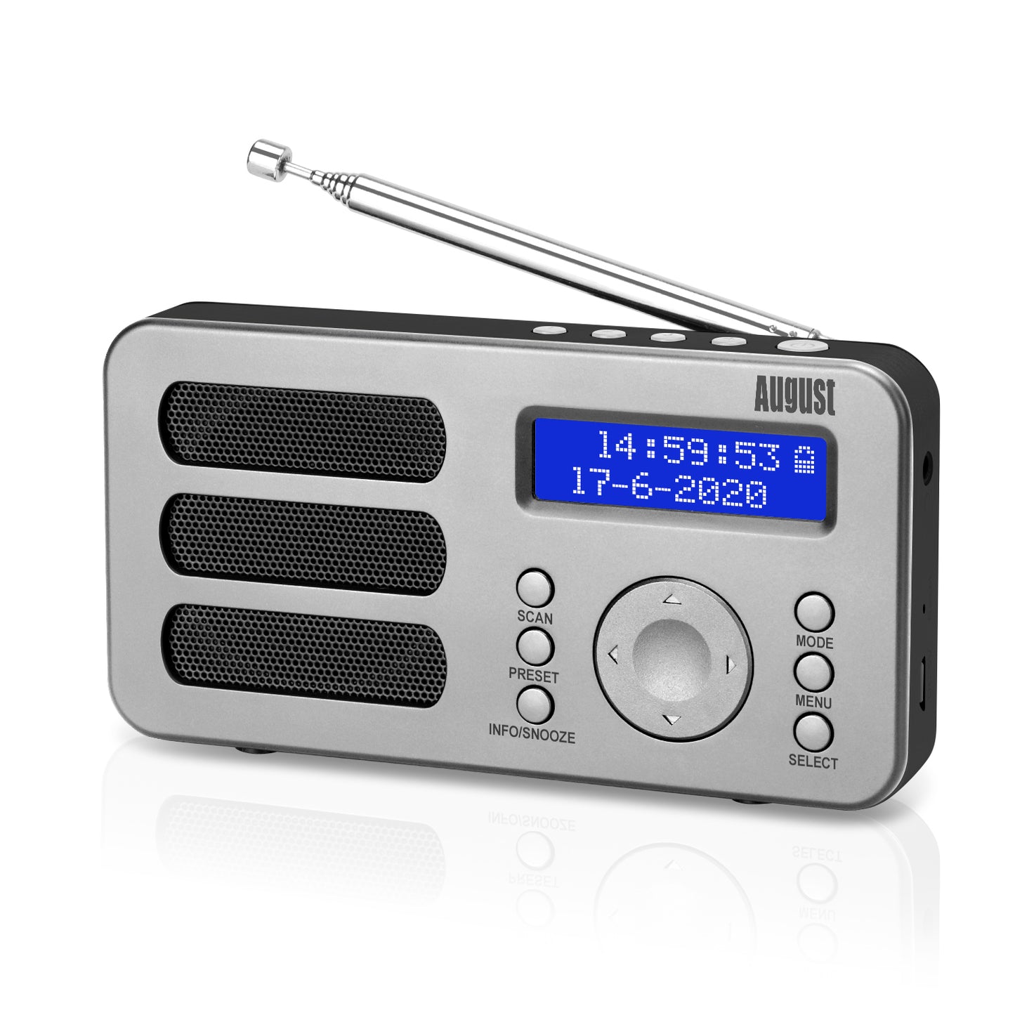 Portable DAB+ FM Radio Alarm Clock RDS AUX Rechargeable Battery - August MB225
