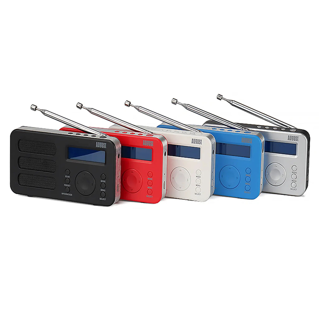 Collection of August MB225 Portable Digital Radios available in Black, Red, White, Blue and Silver