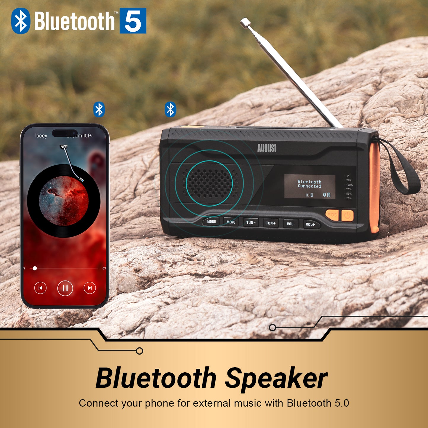 Wind Up Radio 3-in-1 Solar Rechargeable Battery FM DAB Bluetooth - August MB290B [Refurbished]