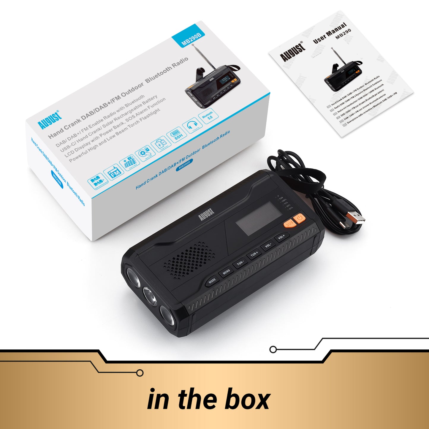 Wind Up Radio 3-in-1 Solar Rechargeable Battery FM DAB Bluetooth - August MB290B [Refurbished]