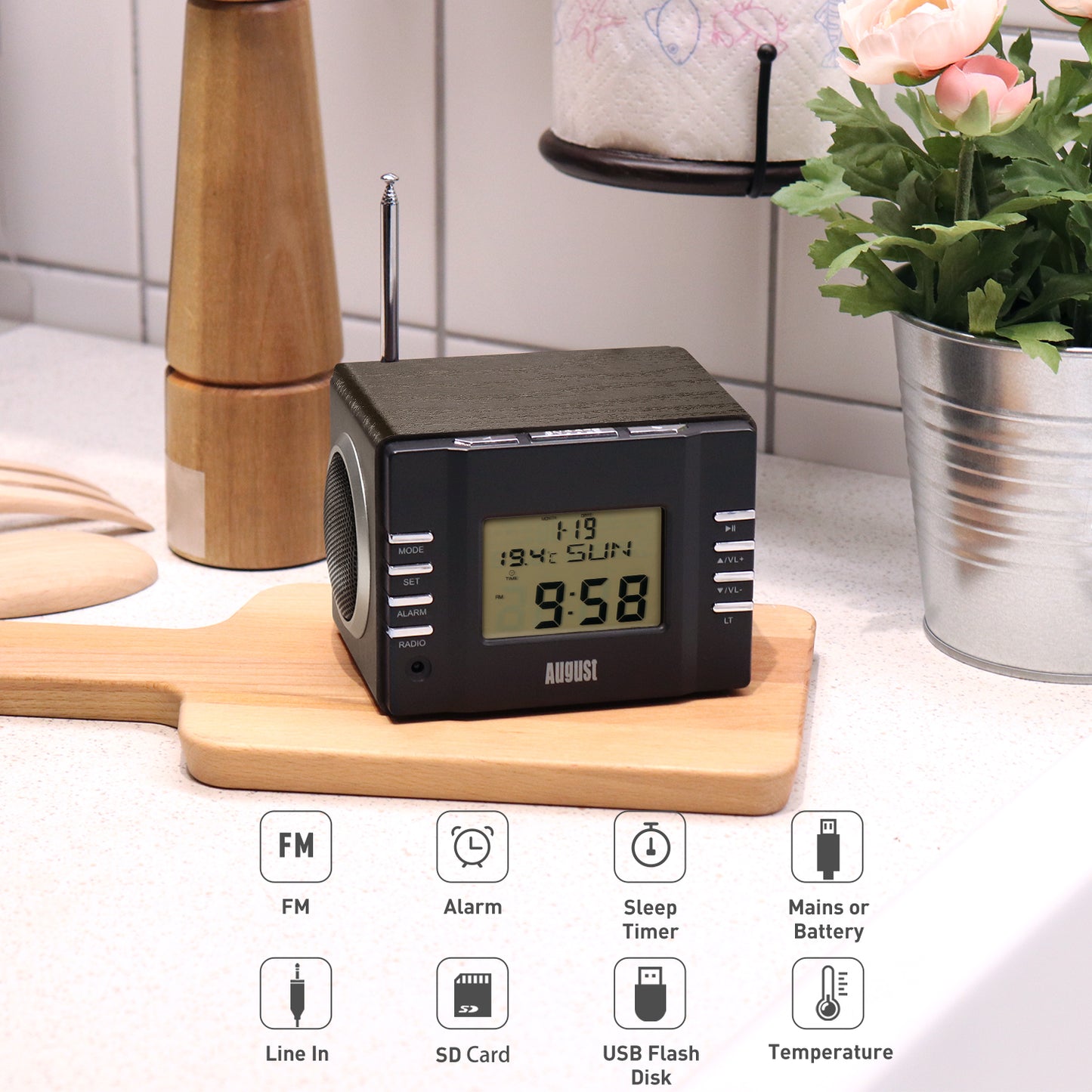 Bedside Radio Alarm Clock with USB / SD MP3 Player - August MB300 [Refurbished]