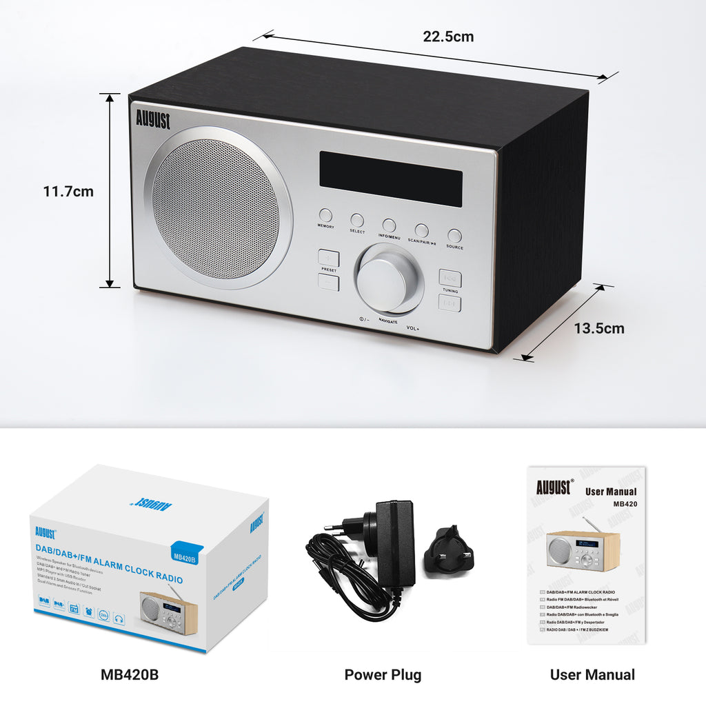 Digital DAB+ FM Dual Radio Alarm Clock Bluetooth Speaker - August MB420 [Refurbished: 6 Month Warranty]