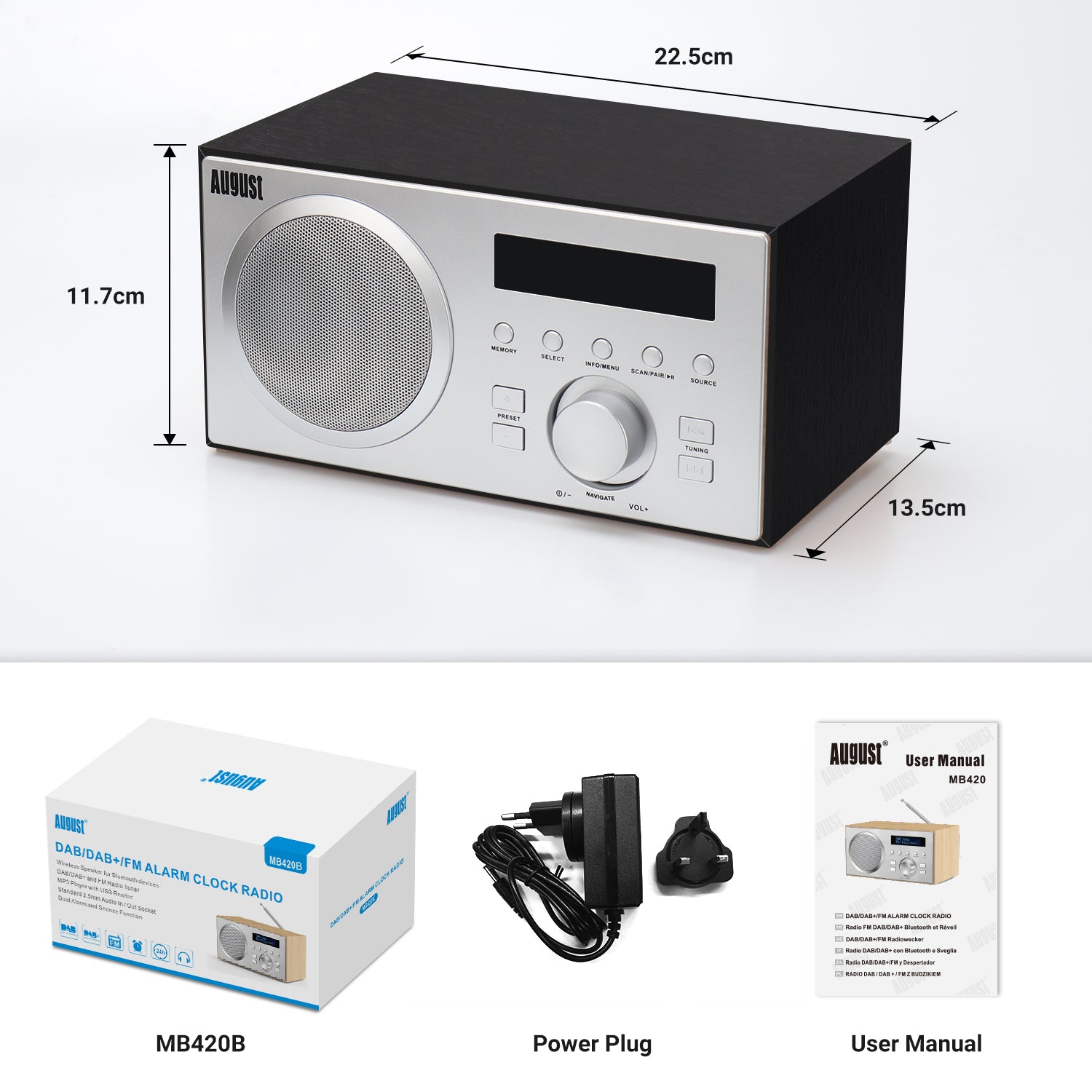 Digital DAB+ FM Dual Radio Alarm Clock Bluetooth Speaker - August MB420 [Refurbished: 6 Month Warranty]