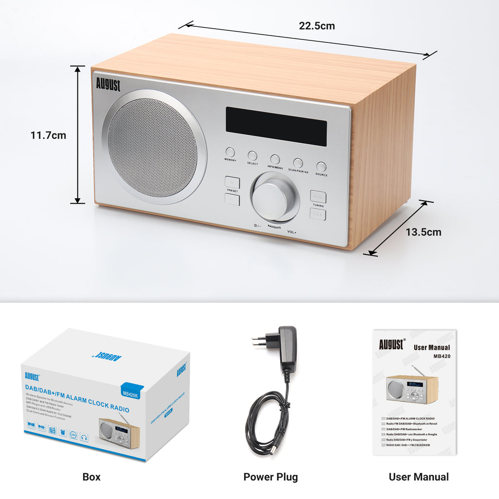 Digital DAB+ FM Dual Radio Alarm Clock Bluetooth Speaker - August MB420 [Refurbished: 6 Month Warranty]